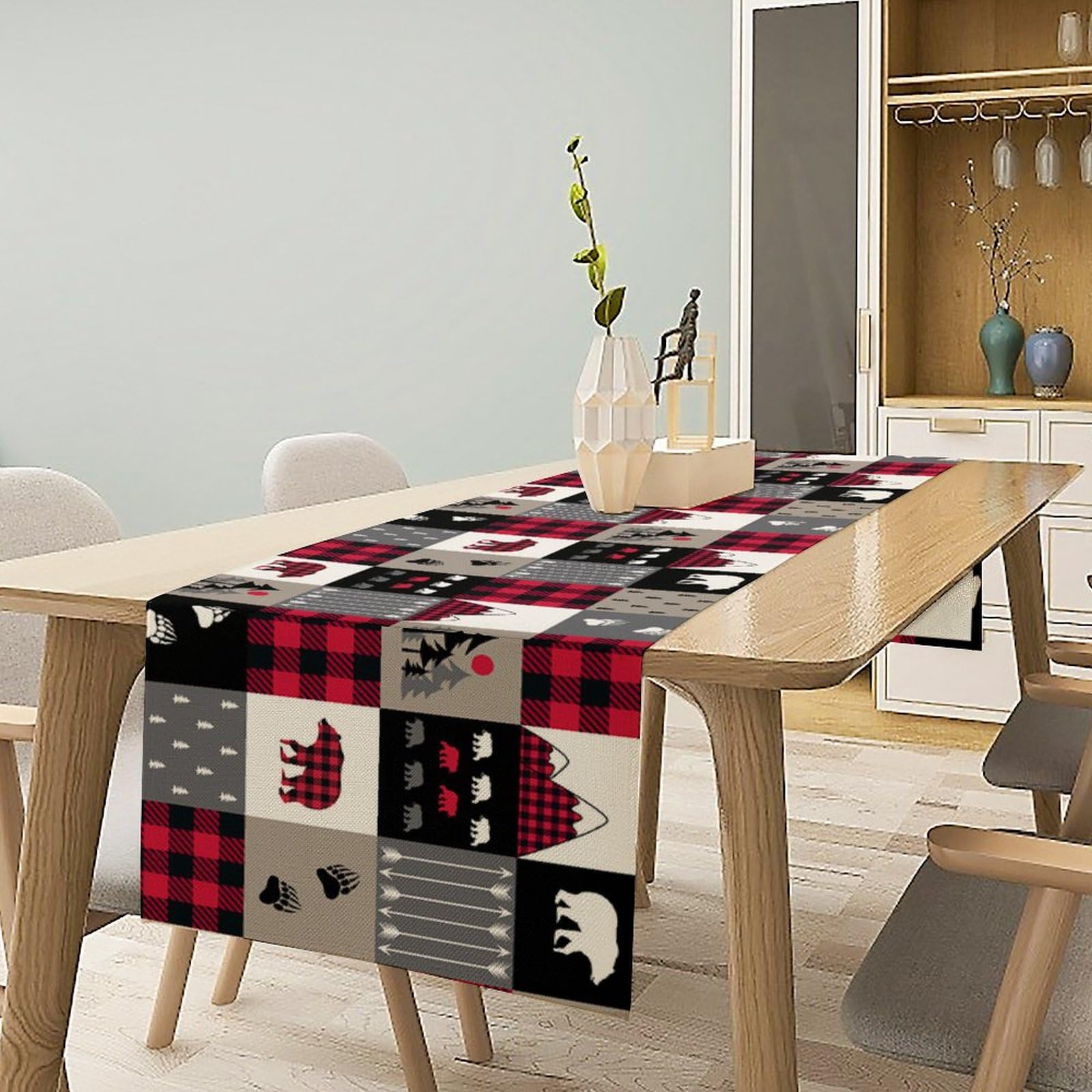 FengMingRui Vintage Rustic Table Rustic Cabin Red Brown Bear Retro Wildlife Farmhouse Theme for Kitchen Dining Room Holiday Part