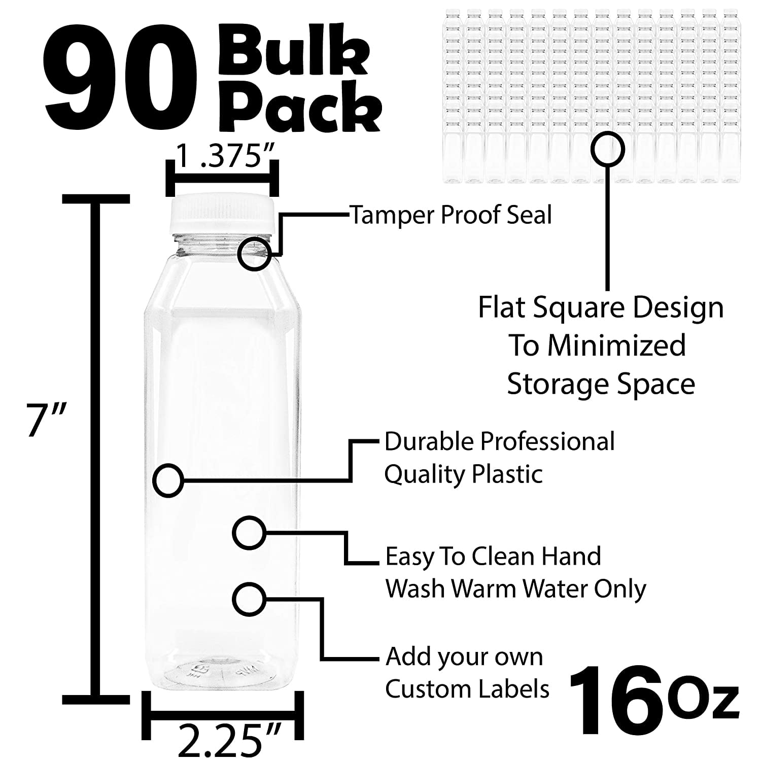 Upper Midland Products 16 Oz Empty Pet Plastic Juice Bottles - Pack Of 90 Reusable Clear Disposable Milk Bulk Containers With Bl