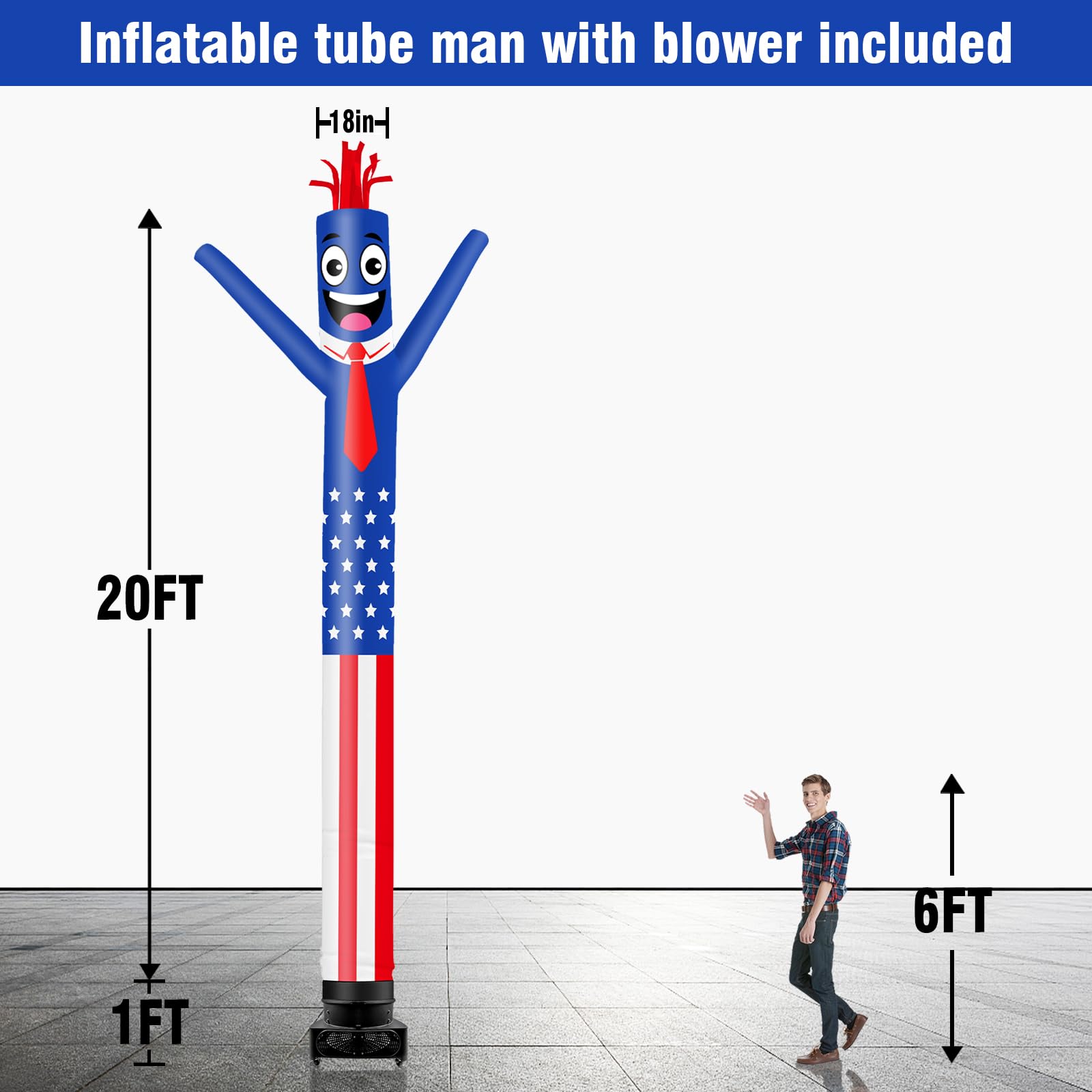 GOODENY 20FT Tall Inflatable Tube Man American Flag Wacky Wavy Dancing Guy with 1.5 HP Weather-Resistant Blower (18  Diameter) f