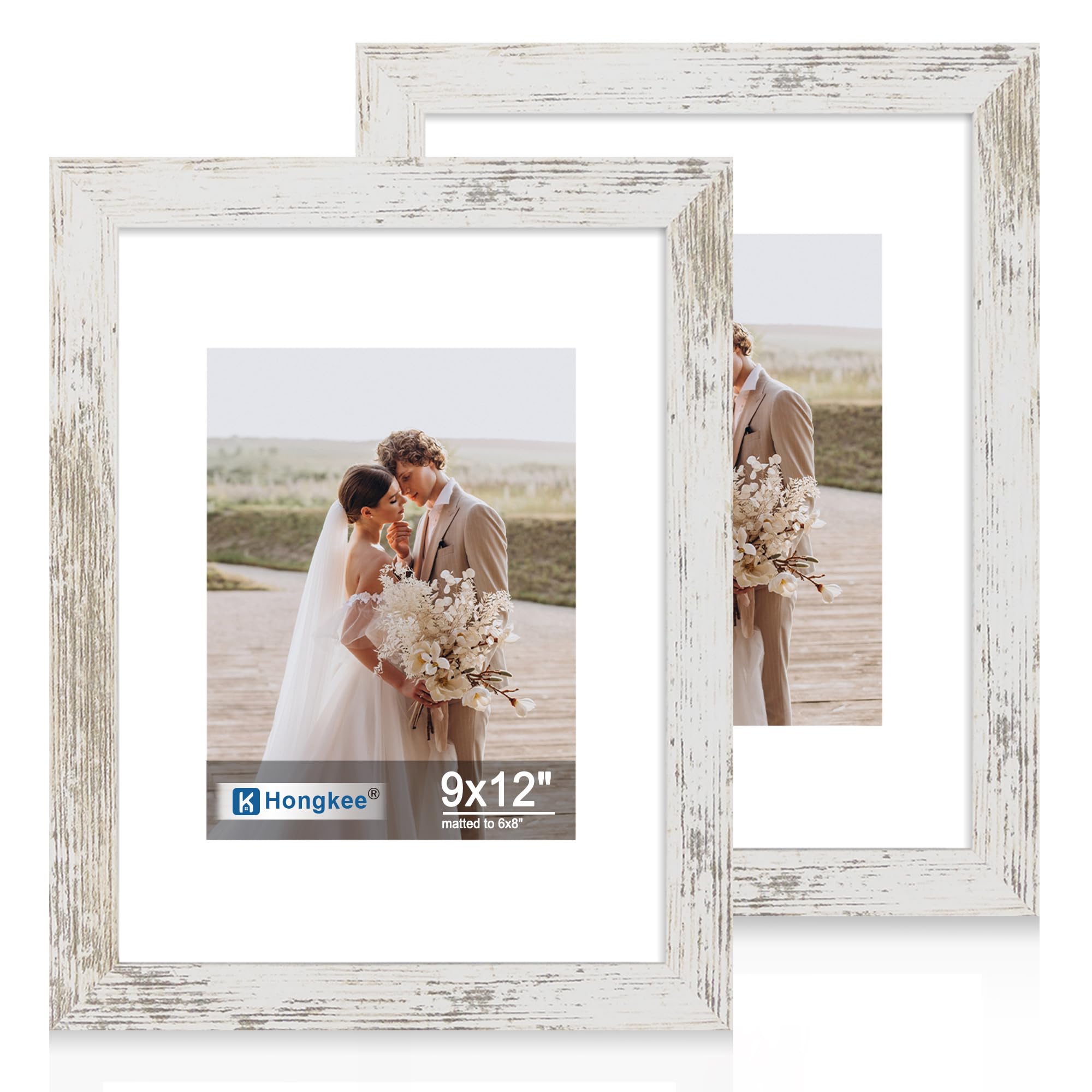 Hongkee 9x12 Picture Frame Set of 2, Made of Real Glass and Distressed White Wooden Frame - Display Pictures 6x8 with Mat or 9x1