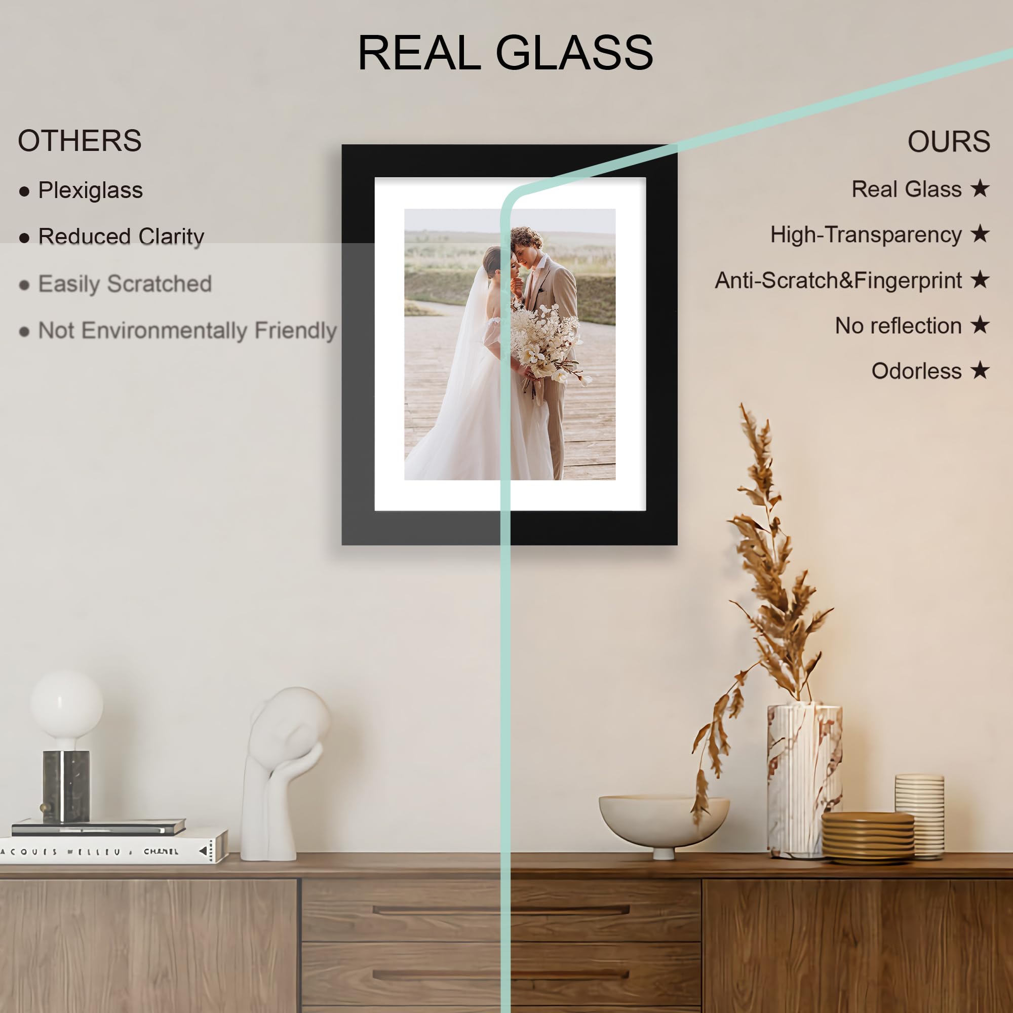 Hongkee 9x11 Picture Frame Set of 4, Made of Real Glass and Black Frame - Display Picture 7x9 with Mat or 9x11 Without Mat, 9 by