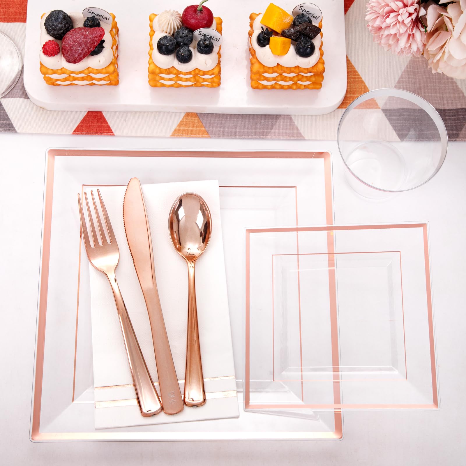 Festiva 350Pcs Rose Gold Plastic Plates - Clear Rose Gold Disposable Dinnerware Sets For 50Guests Include 100 Plates 50 Cups 50P