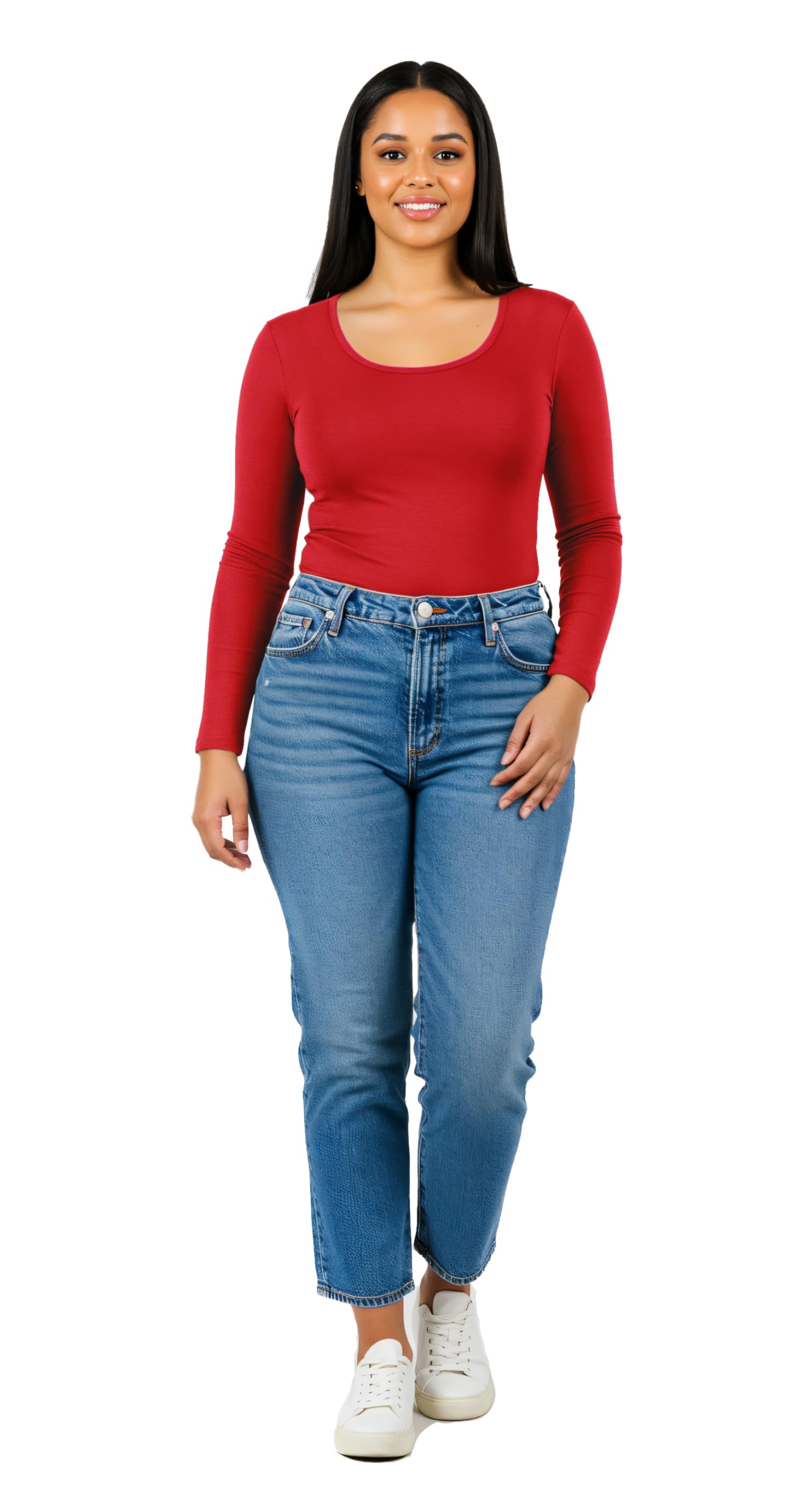Emmalise Womens Junior And Plus Size Basic Scoop Neck Tshirt Long Sleeve Tee, 1Xl, 2Pk Fuchsia, Red