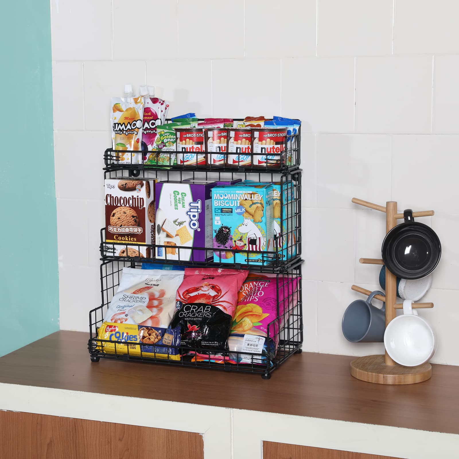 X-Cosrack Stackable Wire Basket 3 Tier Countertop& Wall Mounted Metal Storage Basket For Kitchen Pantry Cabinet, Muti-Functional