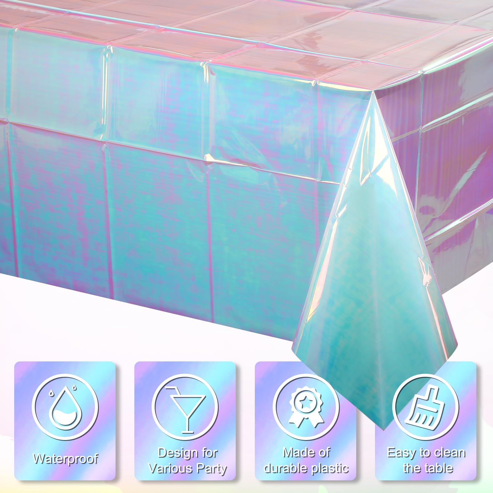 3 Pack Iridescent Blue Plastic Tablecloth, Shiny Blue Disposable Laser Rectangle Table Covers, Blue Holographic Foil Tablecloth
