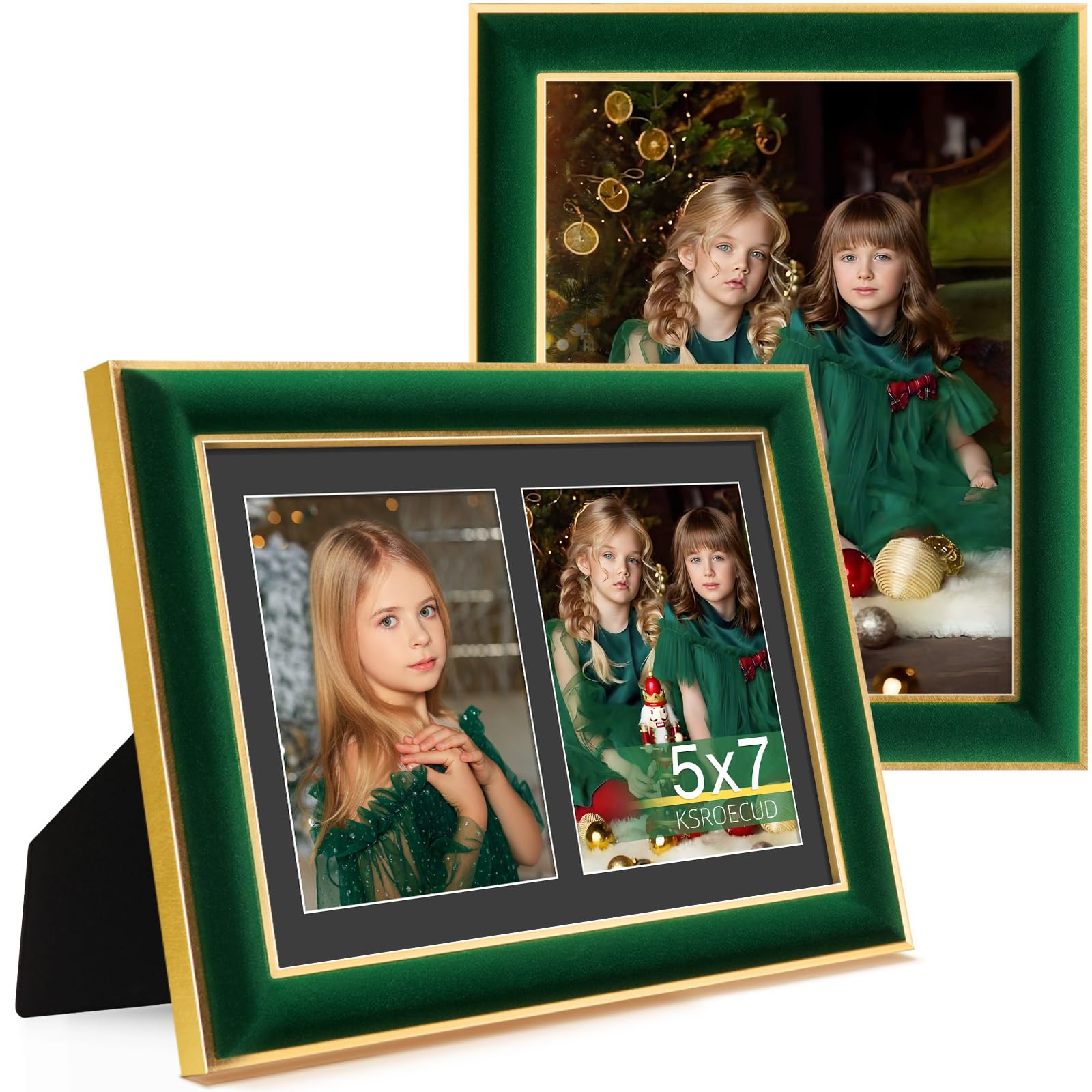 KSROECUD 8.5x11 Velvet Picture Frame with 2 Openings 5x7 Pictures, HD Real Glass Green Velvet Photo Frame with Black White Borde