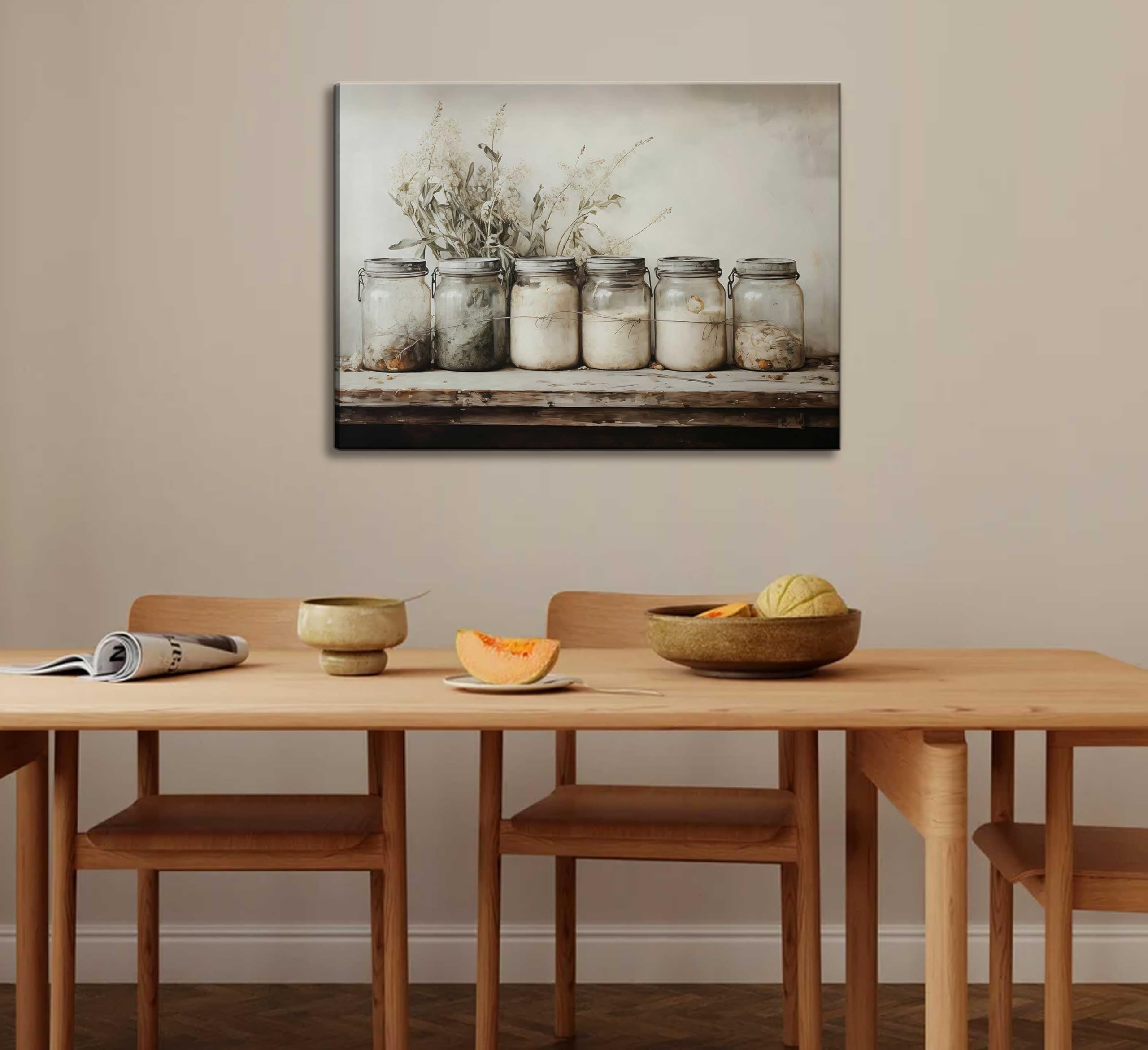 Farm Kitchen Canvas Wall Art Rustic Vintage Country Mason Jar Spice Still Life Culinary Art Painting Picture Farmhouse Wall Deco