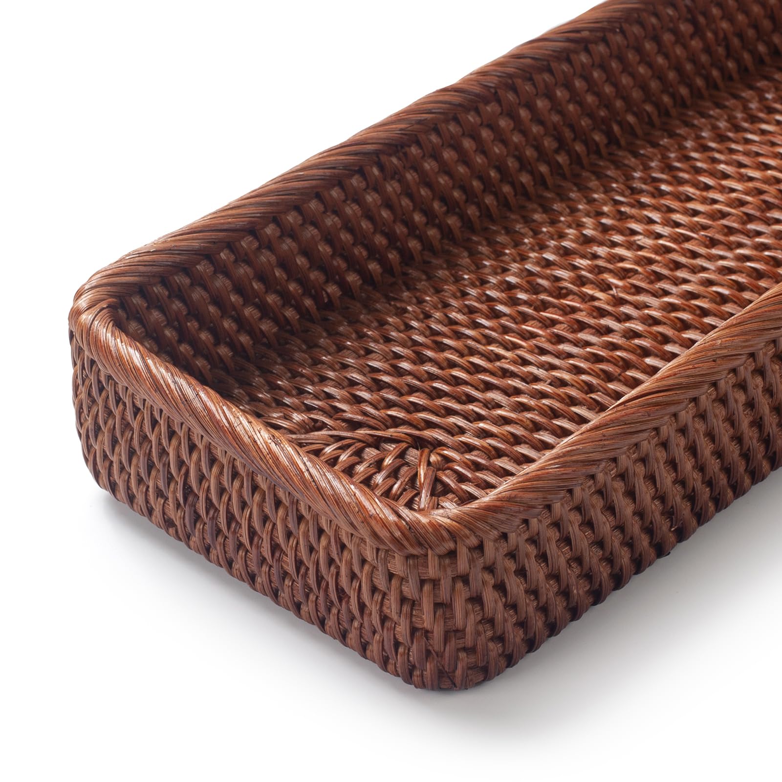Rattan Bathroom Vanity Trays Toilet Tank Baskets Long Narrow Hand Towel Storage Basket For Storage, Decorative (Honey Brown 16.3