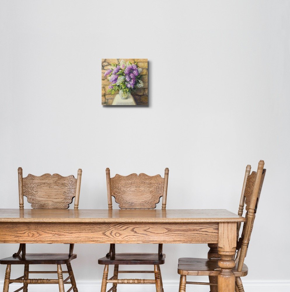 Beautiful Still Life With Blooming Lilacs In A Nice Glass Vase Over A Stone Tiled Wall - Canvas Art Wall Art - 16'' X 16''