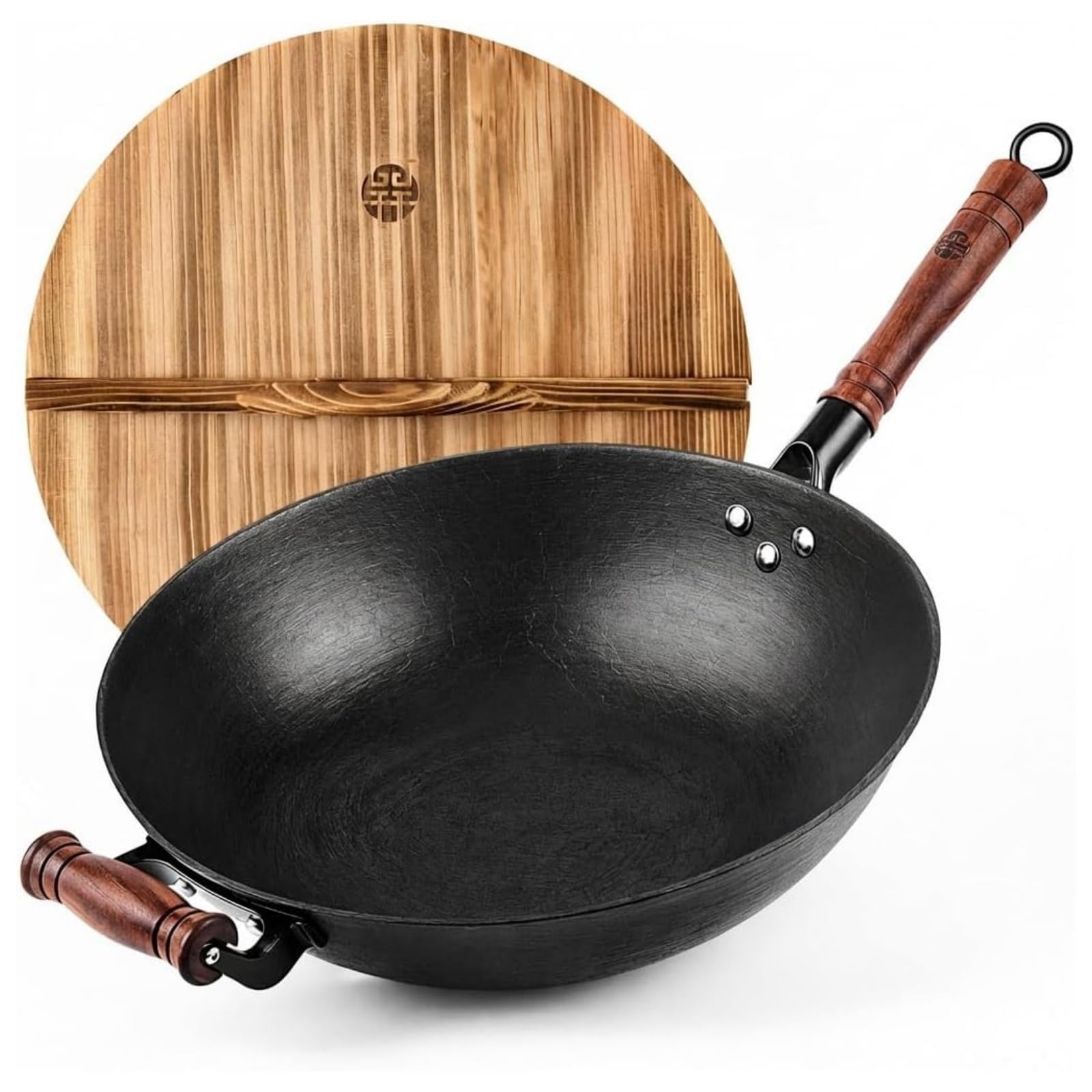 WANGYUANJI 14.2 Inch Cast Iron Wok with Wooden Lid & Handle, Flat Bottom Stir Fry Wok Pan, TurtlePattern Textured Uncoated Larg