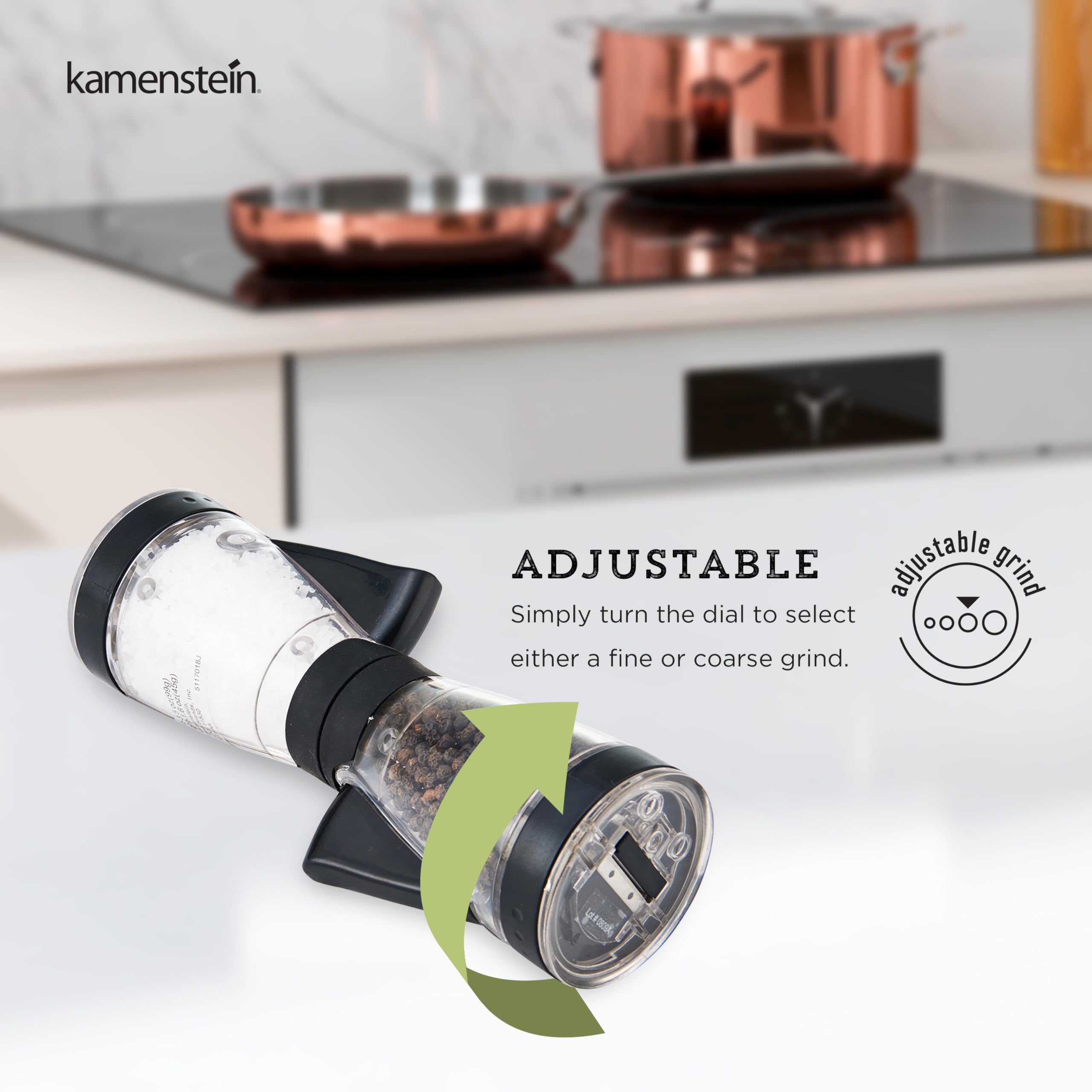 Kamenstein One-Handed 2-In-A-1 Dual Salt And Pepper Grinder-Adjustable And Refillable, 8-Inch, Black