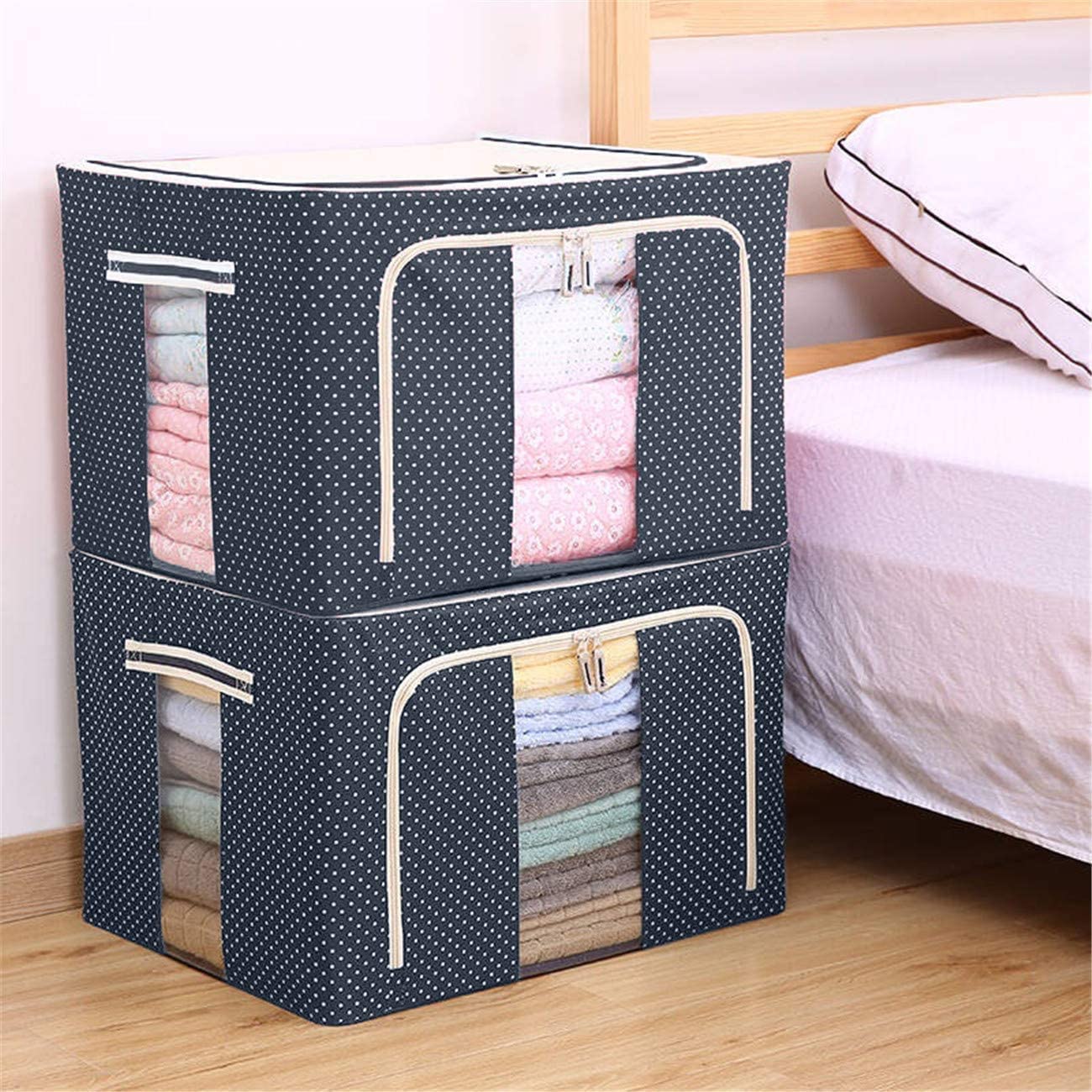 Japak Clothes Storage Organizer Boxes, Foldable Metal Frame With Zipper & Clear Window  66L (Blue, 3 Pack)