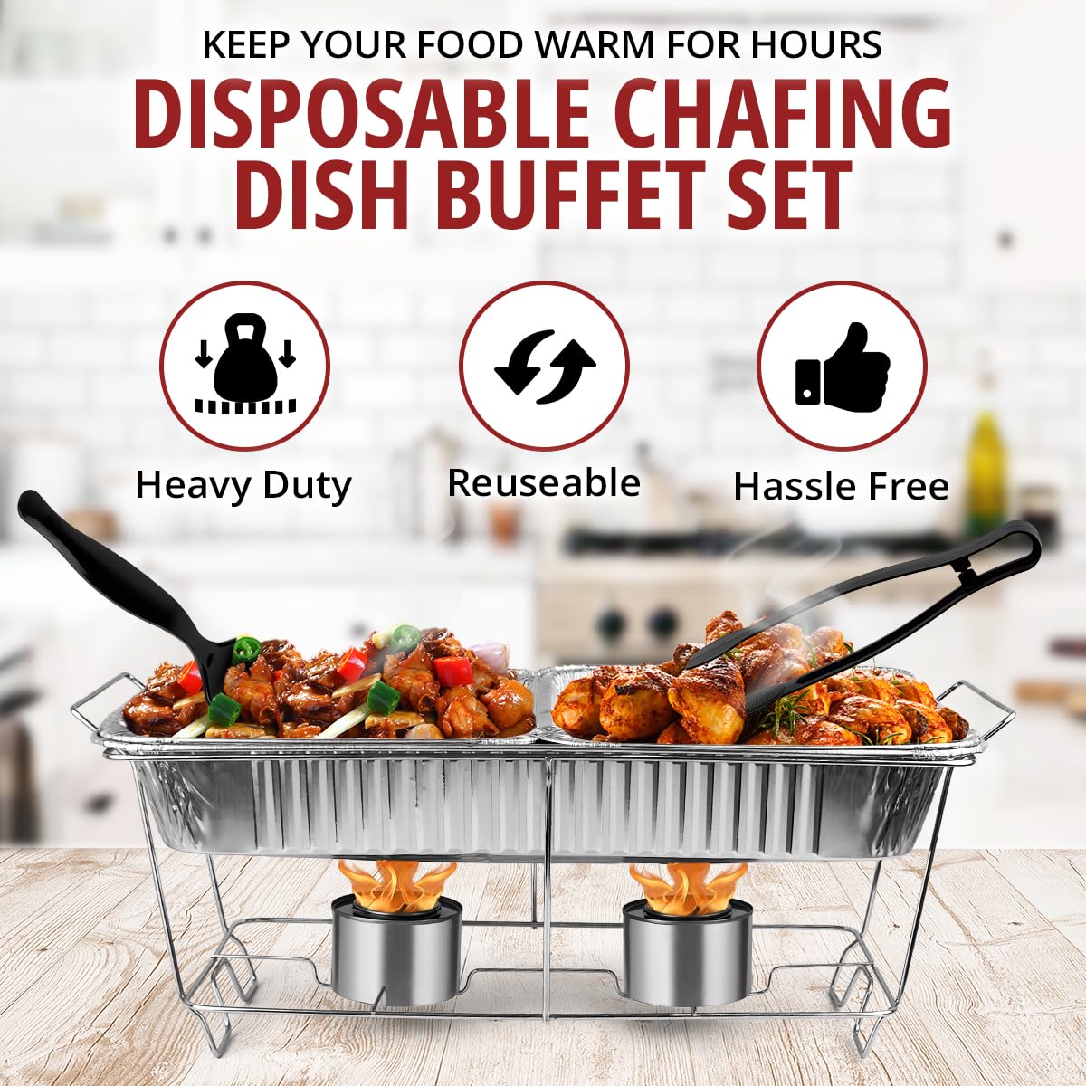 Disposable Chafing Dish Buffet Set, 33 Piece Of Chafing Servers With Food Warmers, Covers, Half-Size Food Pans, Water Trays, Ser