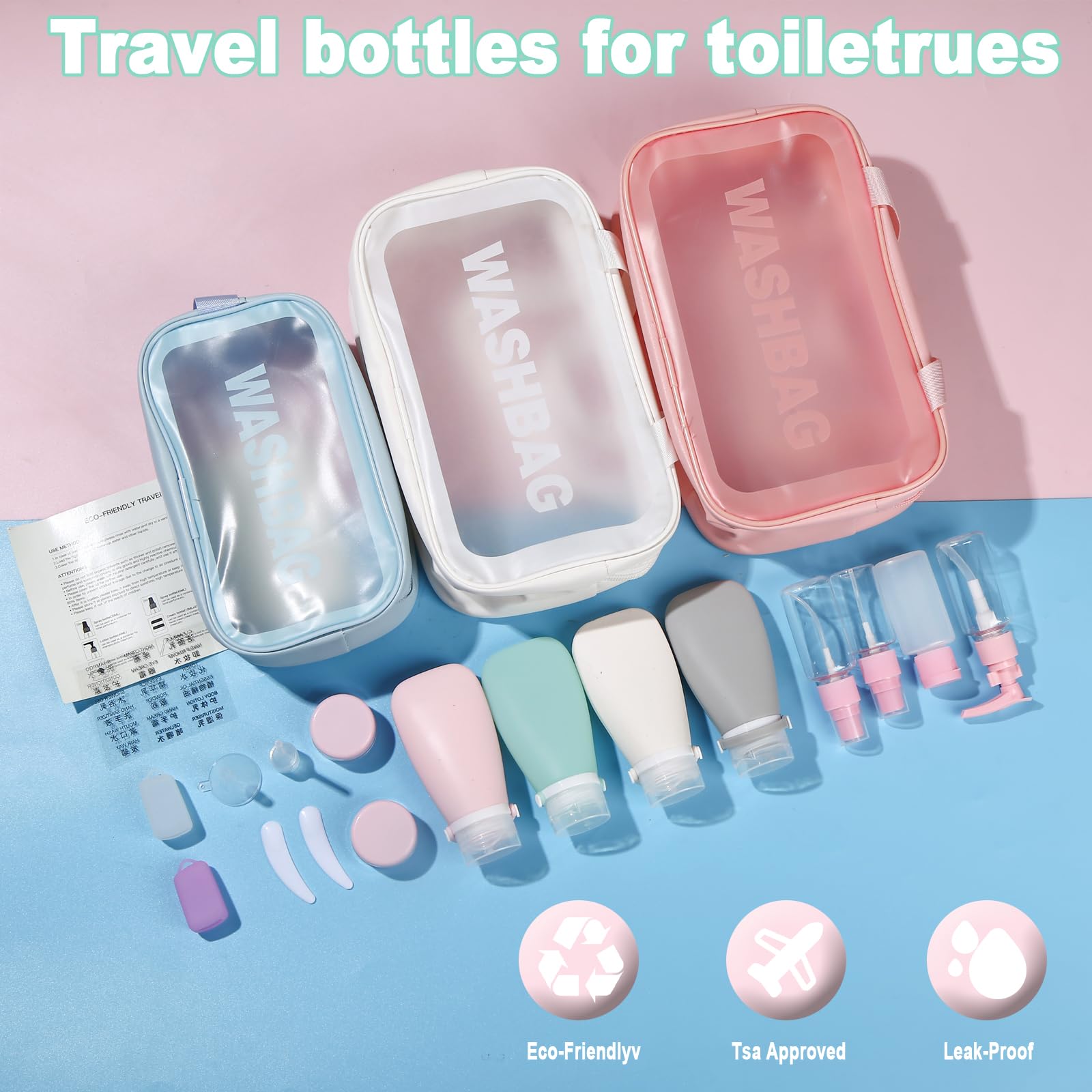 Dingco 18 Pcs Travel Bottles Set For Toiletries Tsa Approved, Leak Proof Travel Bottles, Travel Toiletry Bag Set Comes With 3 Oz