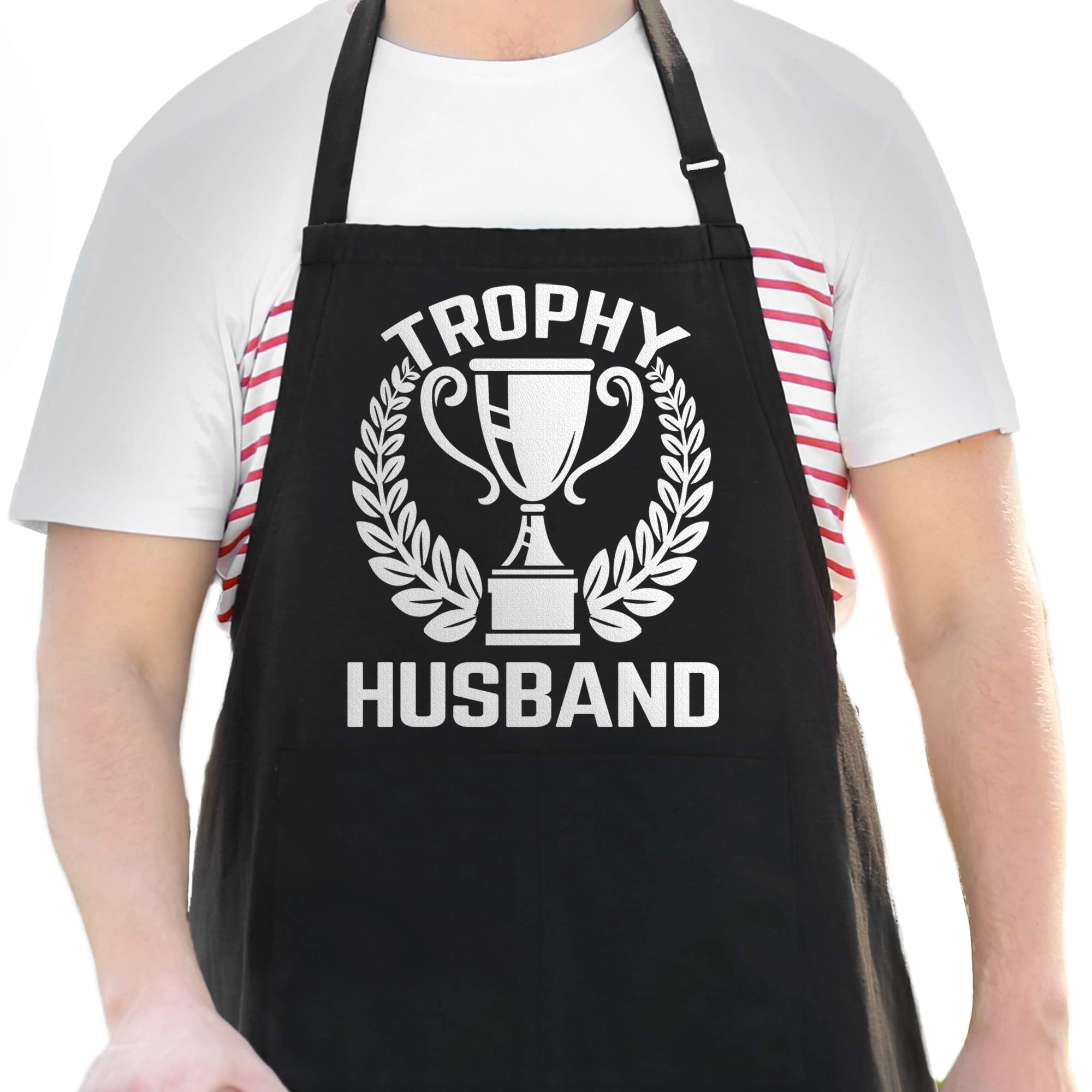 Funny Apron For Dad - Trophy Husband - Adjustable Poly/Cotton Bbq Grill Apron With Pockets - Apron For Grilling Cooking Gardenin