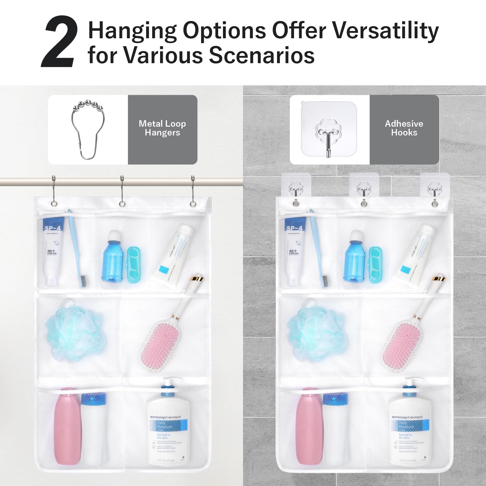 F-Color Shower Organizer For Cruise Ship Essentials - With 3 Adhesive Hooks And 3 Metal Loop Hangers, Quick Dry Mesh Shower Cadd