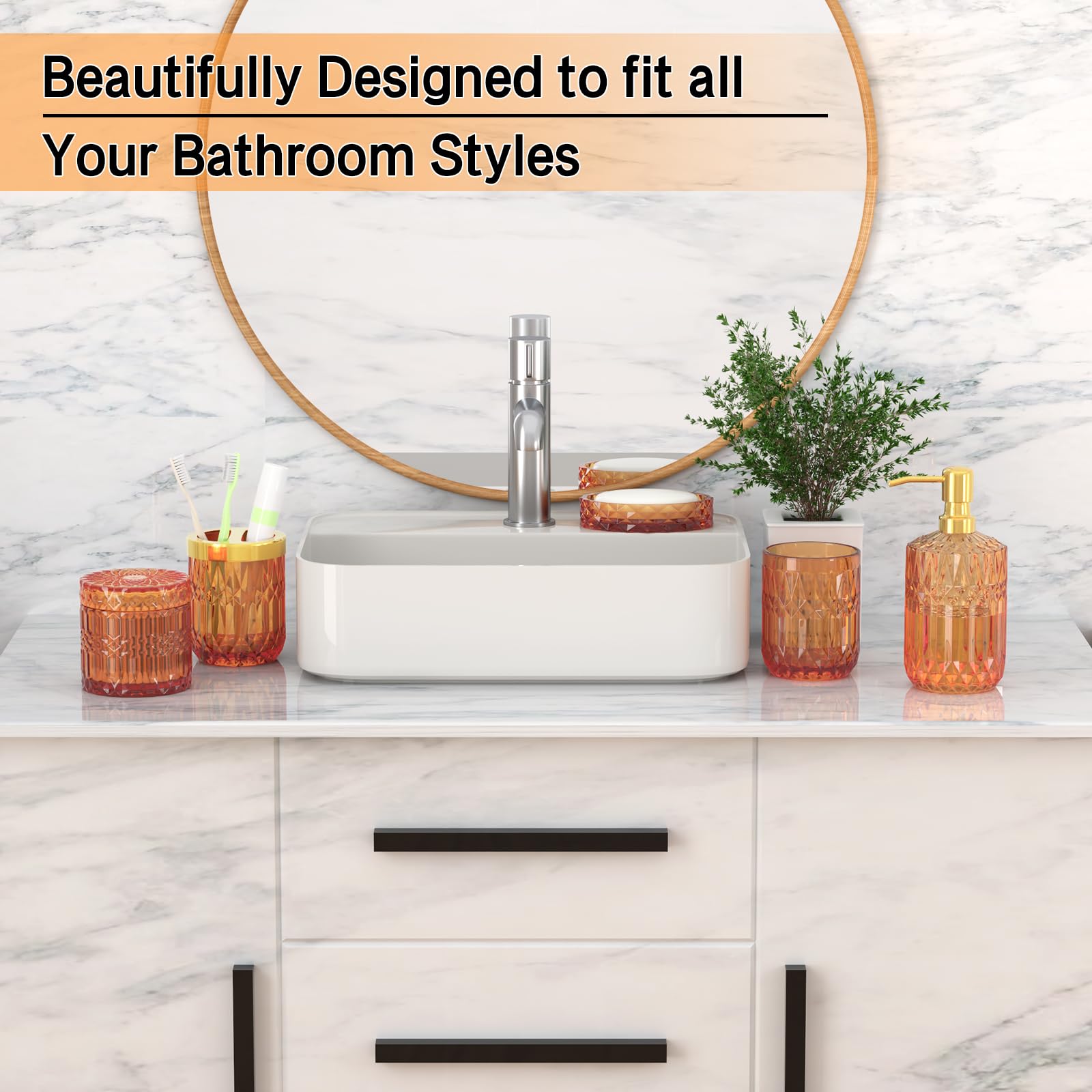 Orange Bathroom Accessories Set, 5 Pcs Glass Bathroom Accessories With Lotion Soap Dispenser, Soap Dish, Toothbrush Holder, Tumb