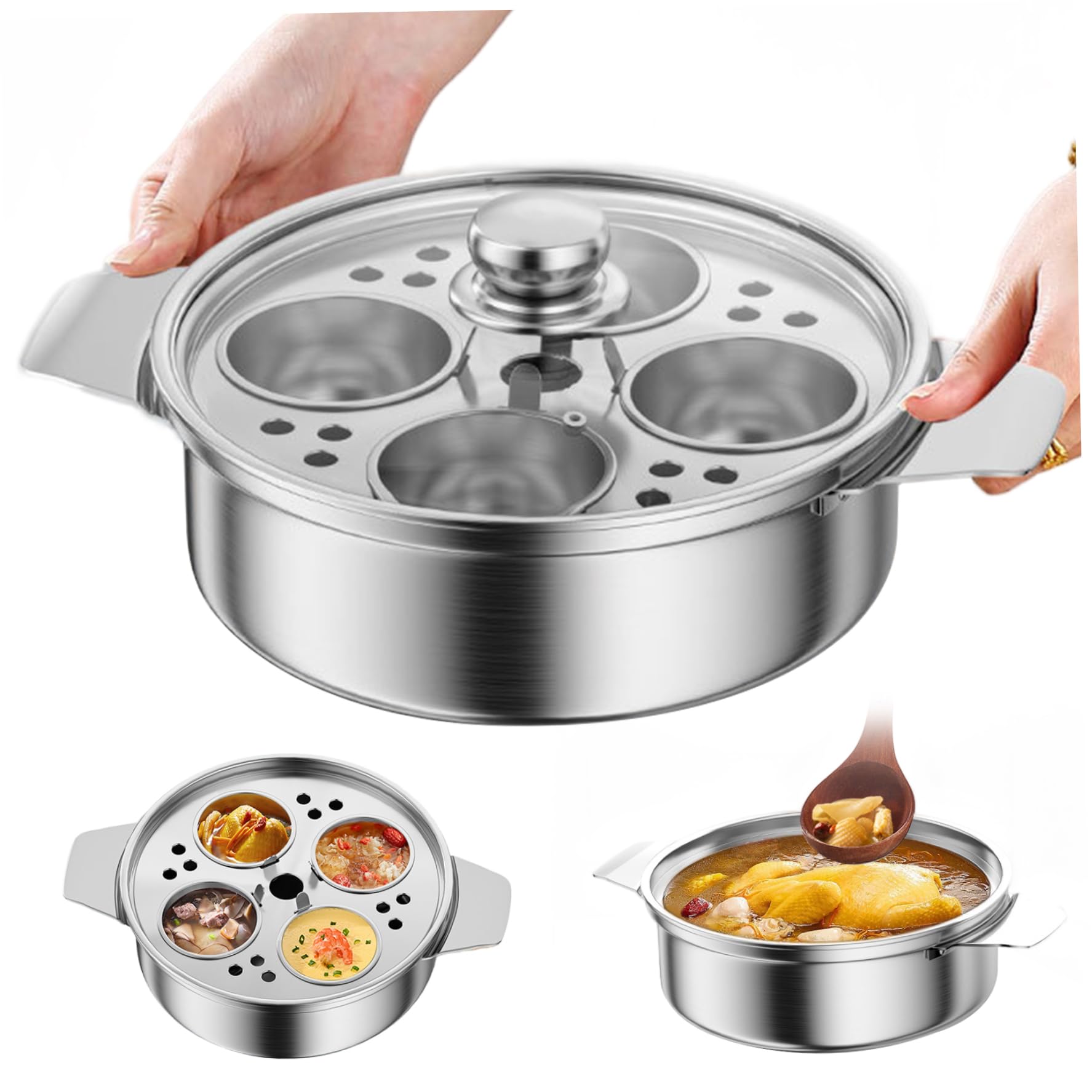 Egg Poacher Stainless Steel Poached Egg Maker with 4 Cups, Nonstick Multipurpose Cooker Pot with Handle for Pots, Skillets and P