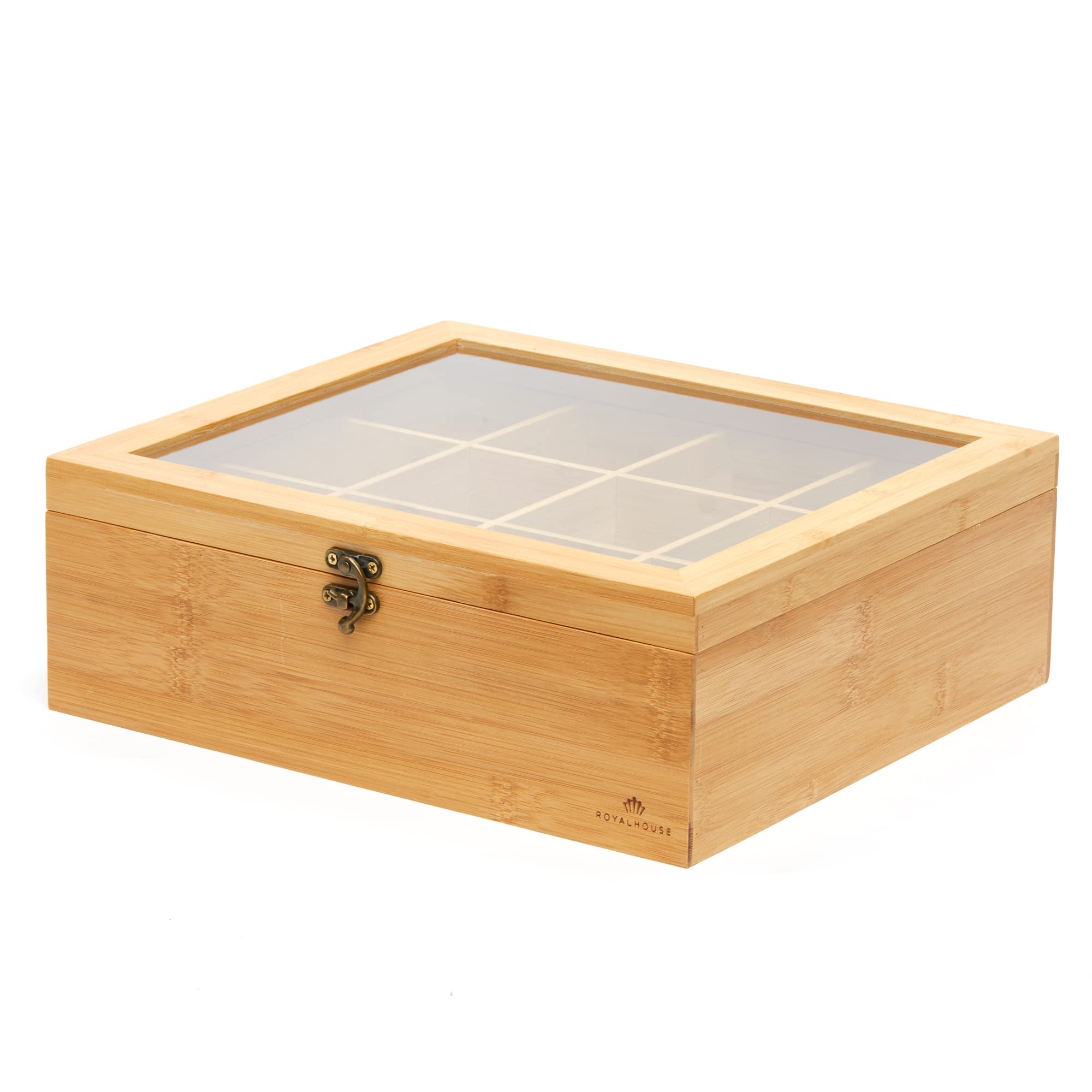 RoyalHouse Big Natural Bamboo Tea Storage Organizer with Clear Acrylic Top Window  12 Compartments Eco-Friendly Tea Bag Holder  Multi-Functional Storage Box