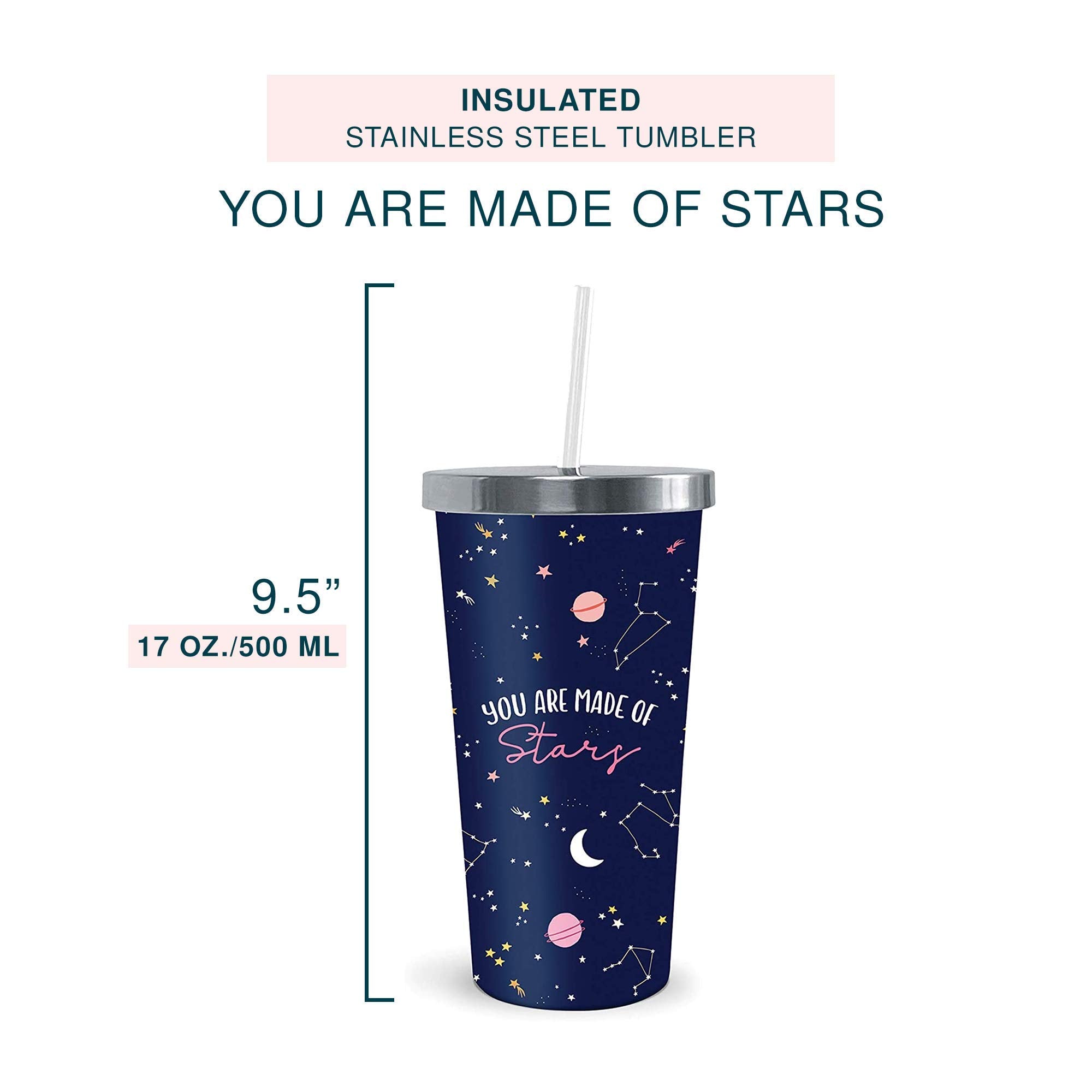 Studio Oh! Insulated Stainless Steel Water Tumbler With Straw You Are Made Of Stars - 17-Ounce Travel-Friendly Thermal Cup With