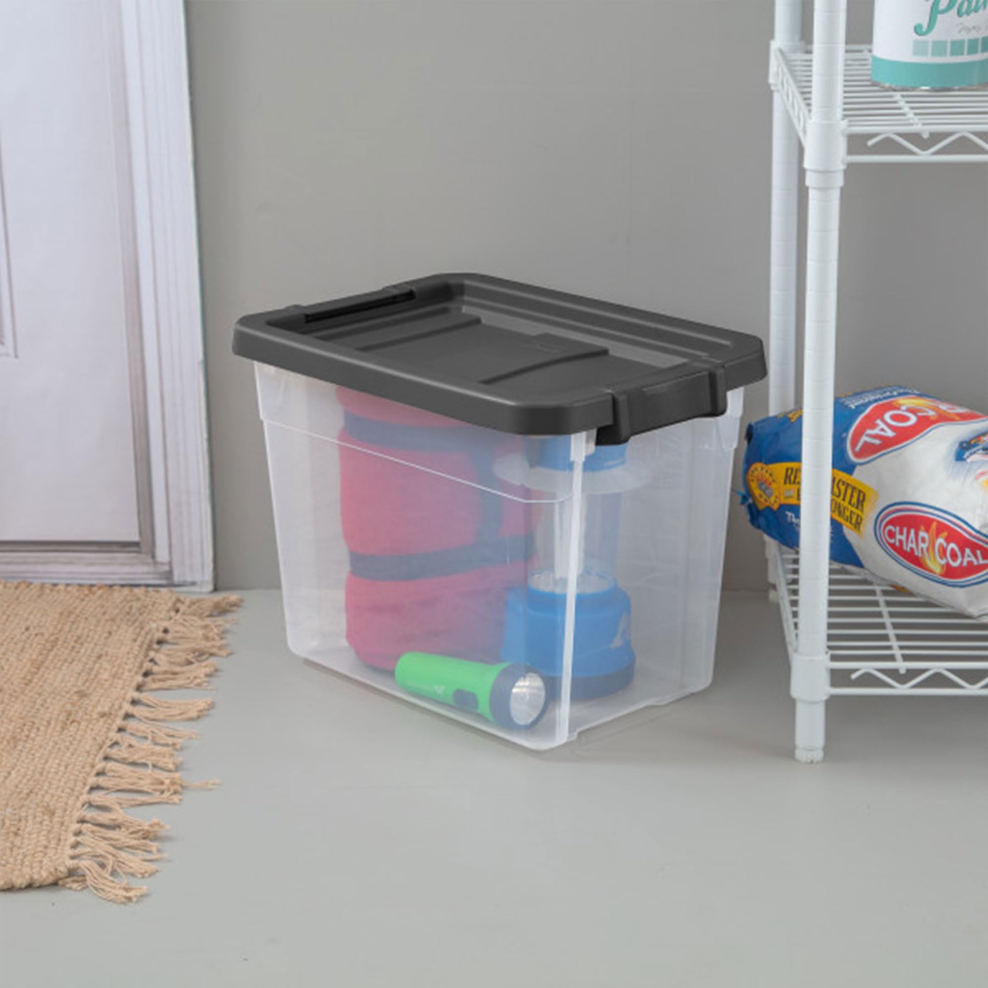 Sterilite 30 Quart Plastic Stacker Box, Lidded Storage Bin Container For Home And Garage Organizing, Shoes, Tools, Clear Base &