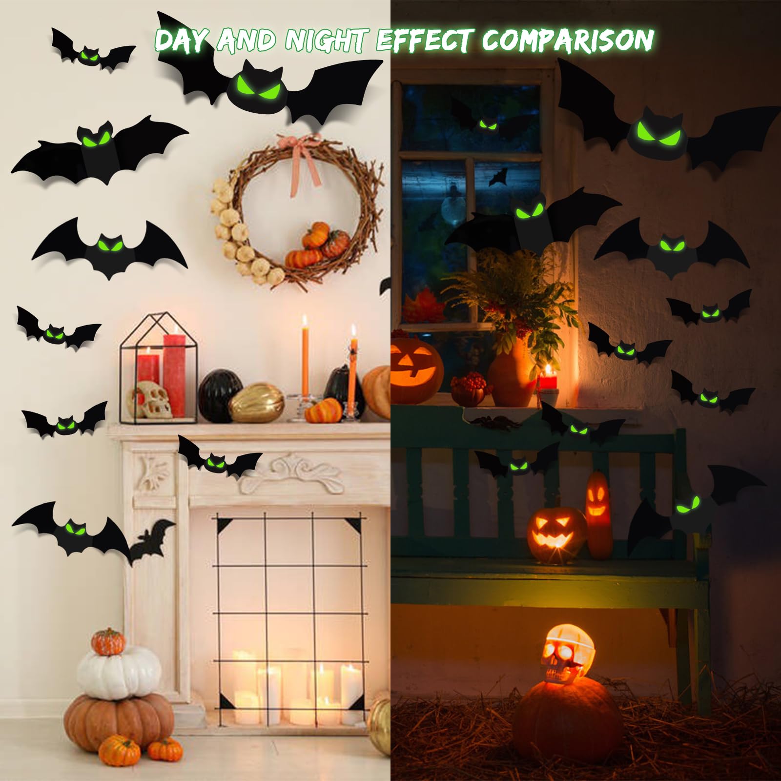 Fopinoa 3D Halloween Bats, 144 Pcs Bats Halloween Decor 4 Size Glow Bats Decorations Sticker Decals For Halloween Home Room Wall