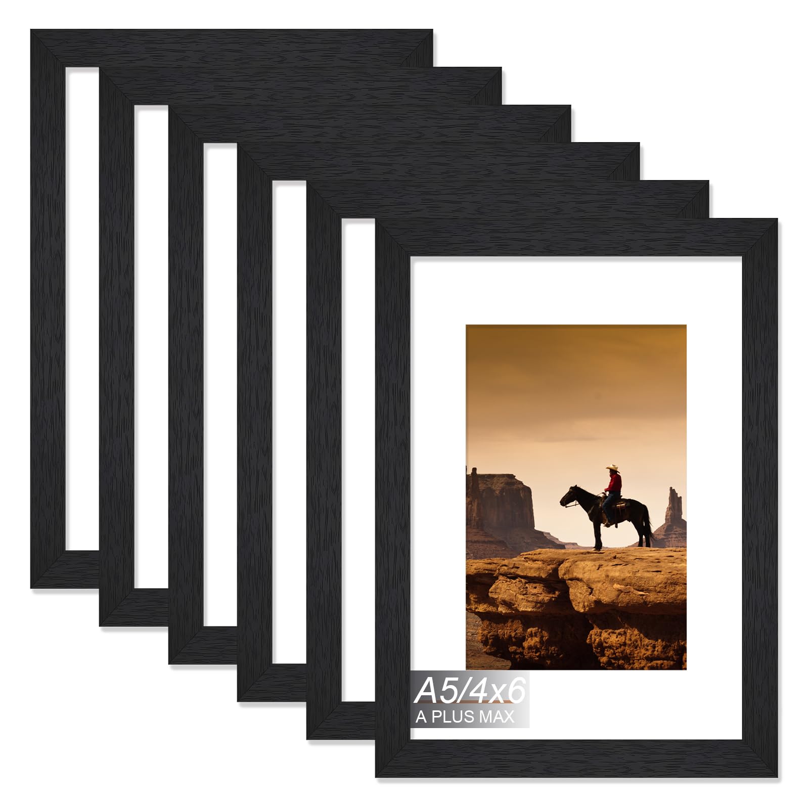 A PLUS MAX Black A5 Frame Set of 6, Engineered Wood Frame Display 4x6 Picture with Mat or Papaer Size A5 without Mat, A5 Frame w