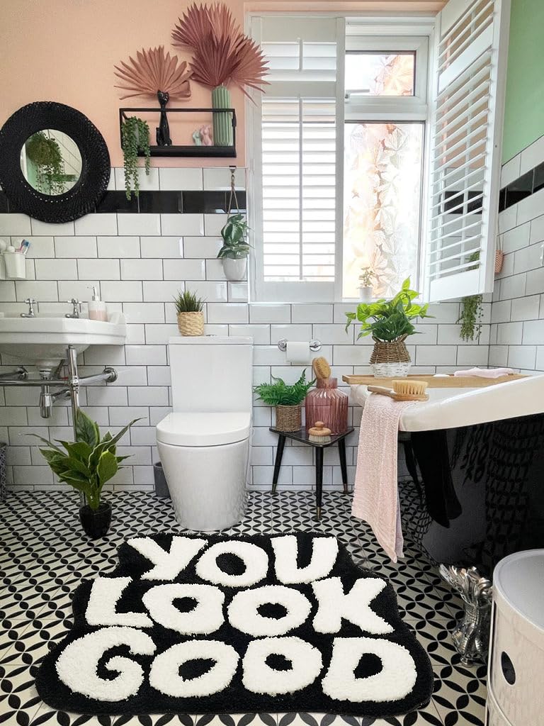 Dyefury Bath Mat - You Look Good, Cool Black And White Bathroom Rug, Non Slip, 27.5 X 20 Inch