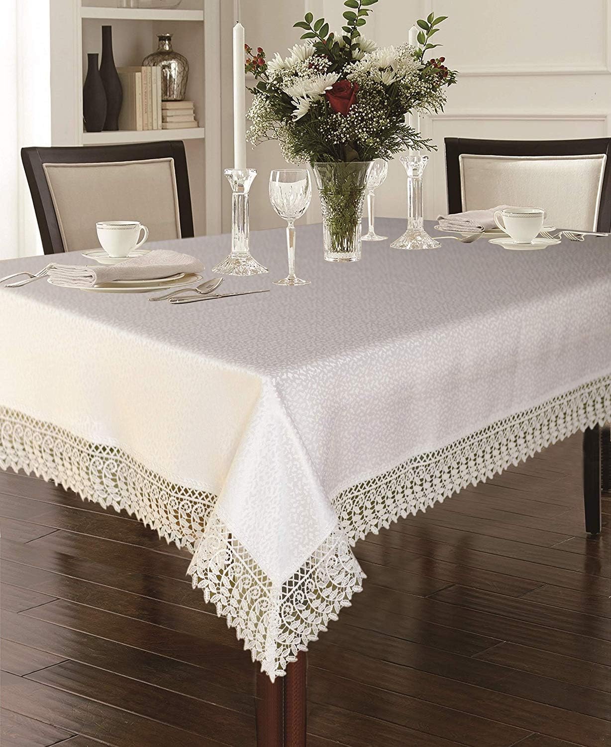Violet Linen Legacy Cobblestone Design, Macrame Lace Border, Polyester Jacquard, White, 70 Inch By 180 Inch, Seats 16 To 18 Peop