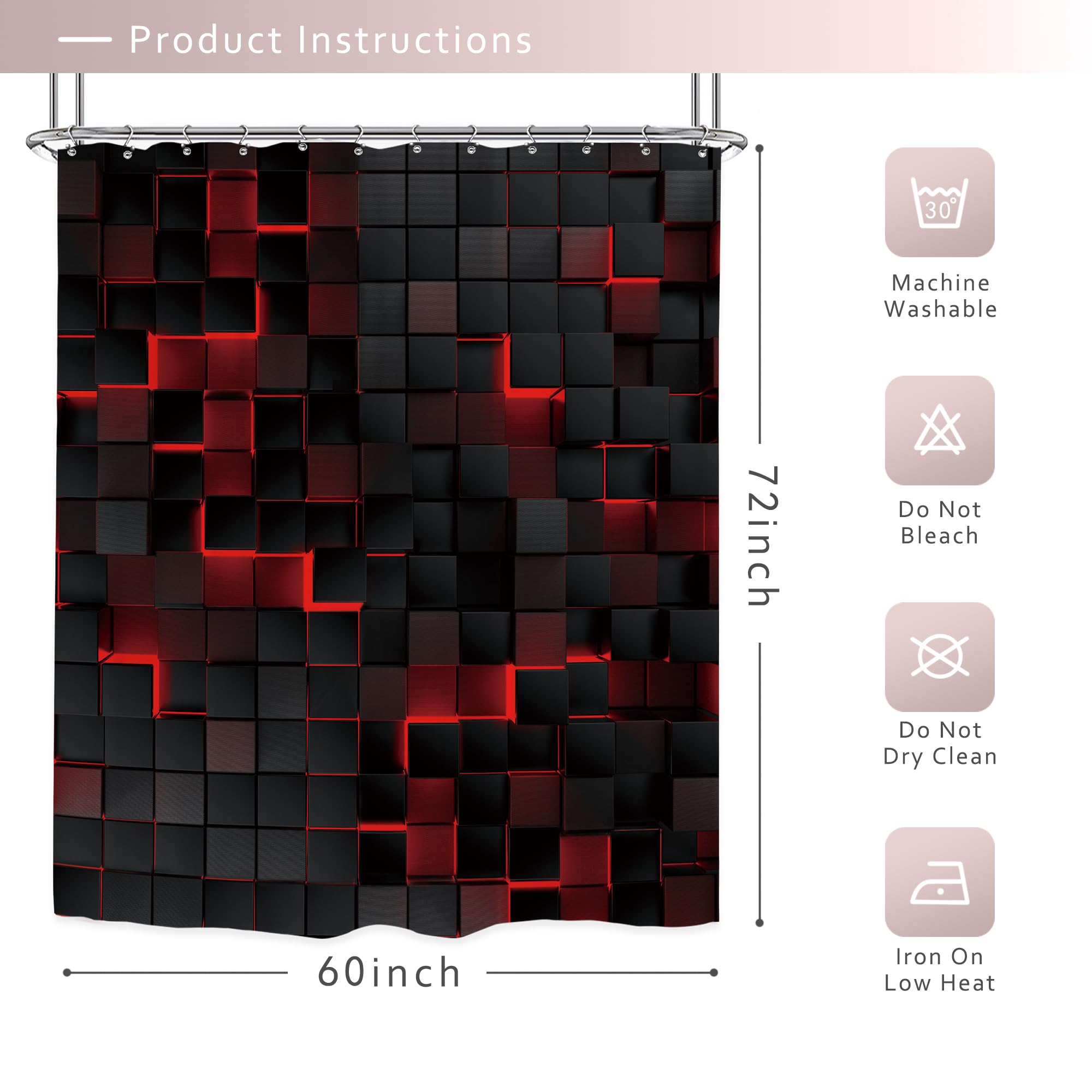 Riyidecor Black Red Shower Curtain 60Wx72H Inch Abstract Wall Brick Modern 3D Gradient Design Futuristic Cubes Geometric Plaid M