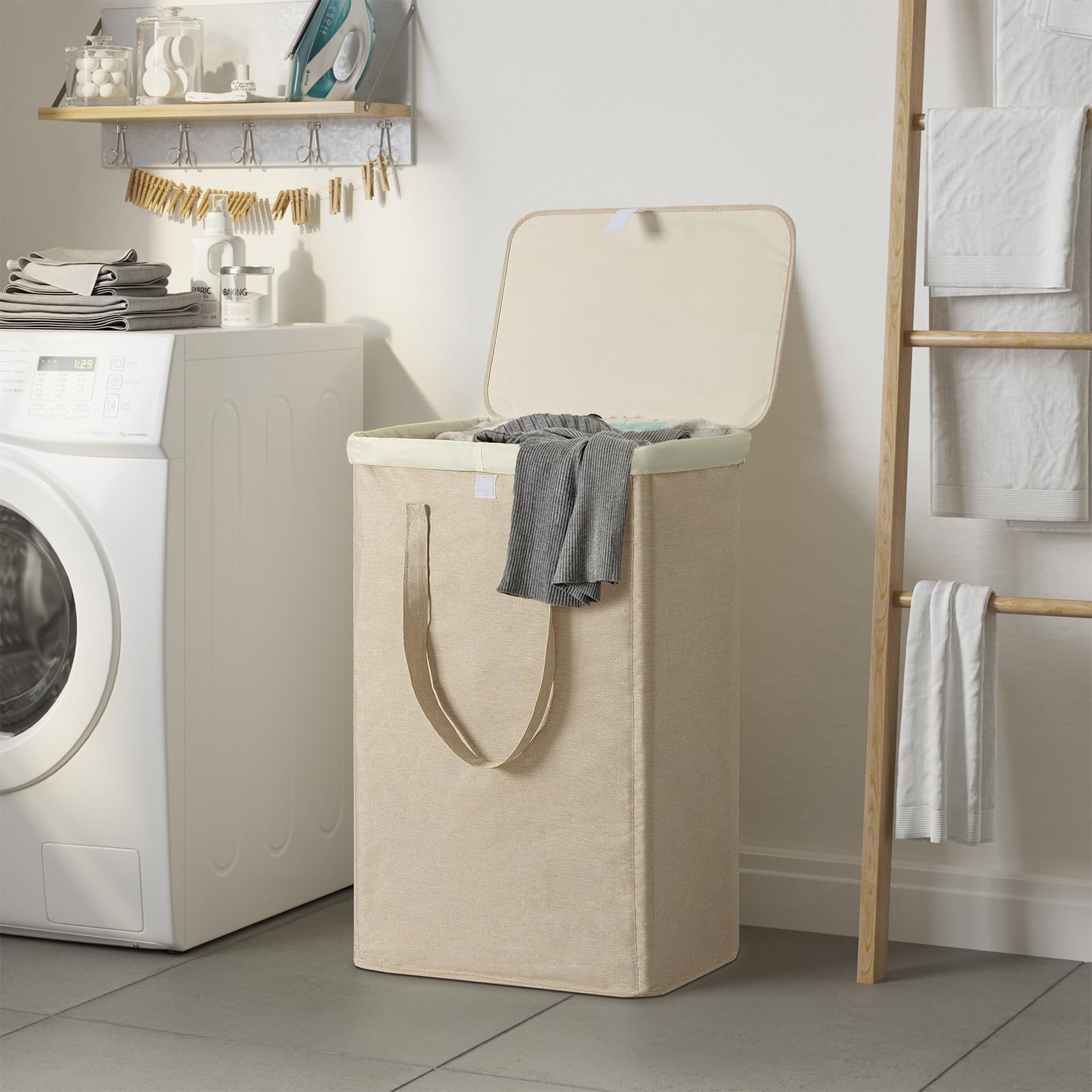 Wowlive 100L Laundry Hamper With Lid, Large Foldbale Laundry Basket With 2 Removable Bags And Handles, Tall Collapsible Dirty Cl