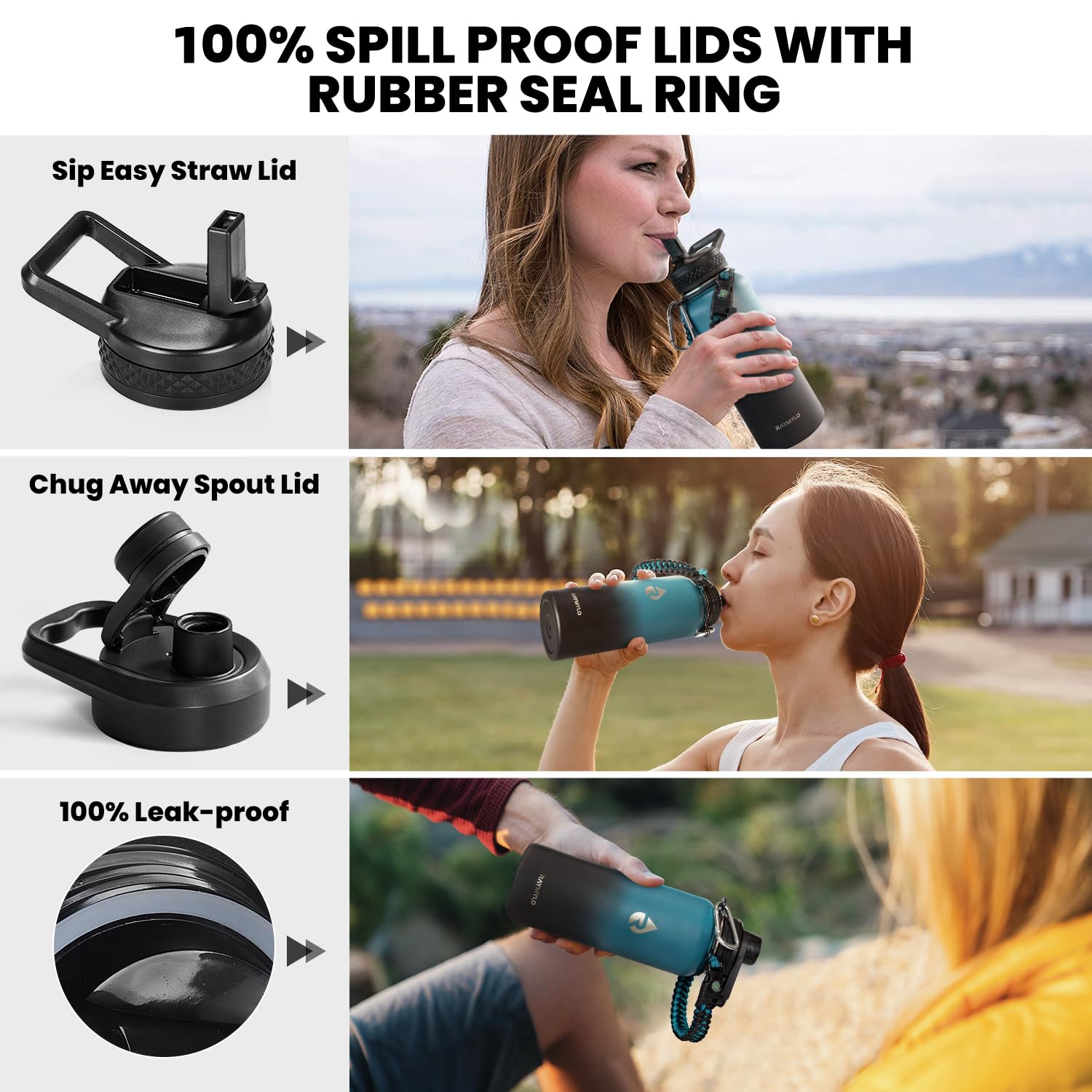 RAYMYLO Insulated Water Bottle 32 oz  Triple Wall Vacuum Stainless Steel (Cold for 48 Hrs  Hot for 24Hrs)  Leak Proof & BPA-Free  32oz Hydro Water Flask with Paracord Handle & Straw Spout Lids