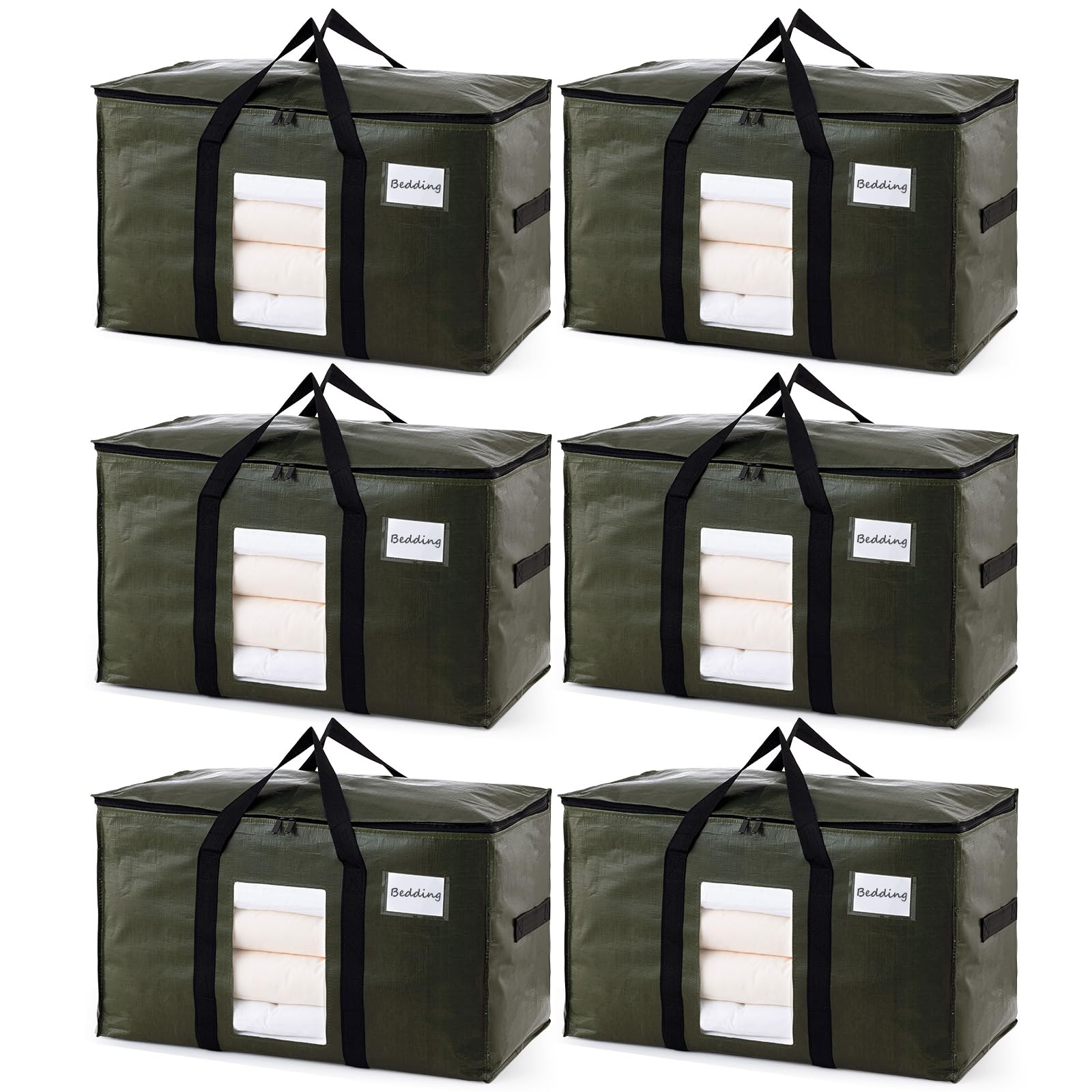 TAILI 6 Pack Green Extra Large Moving Bags, Heavy Duty Totes with Visible Window, Wrap Around Handles, Space-Saving Storage, Alt