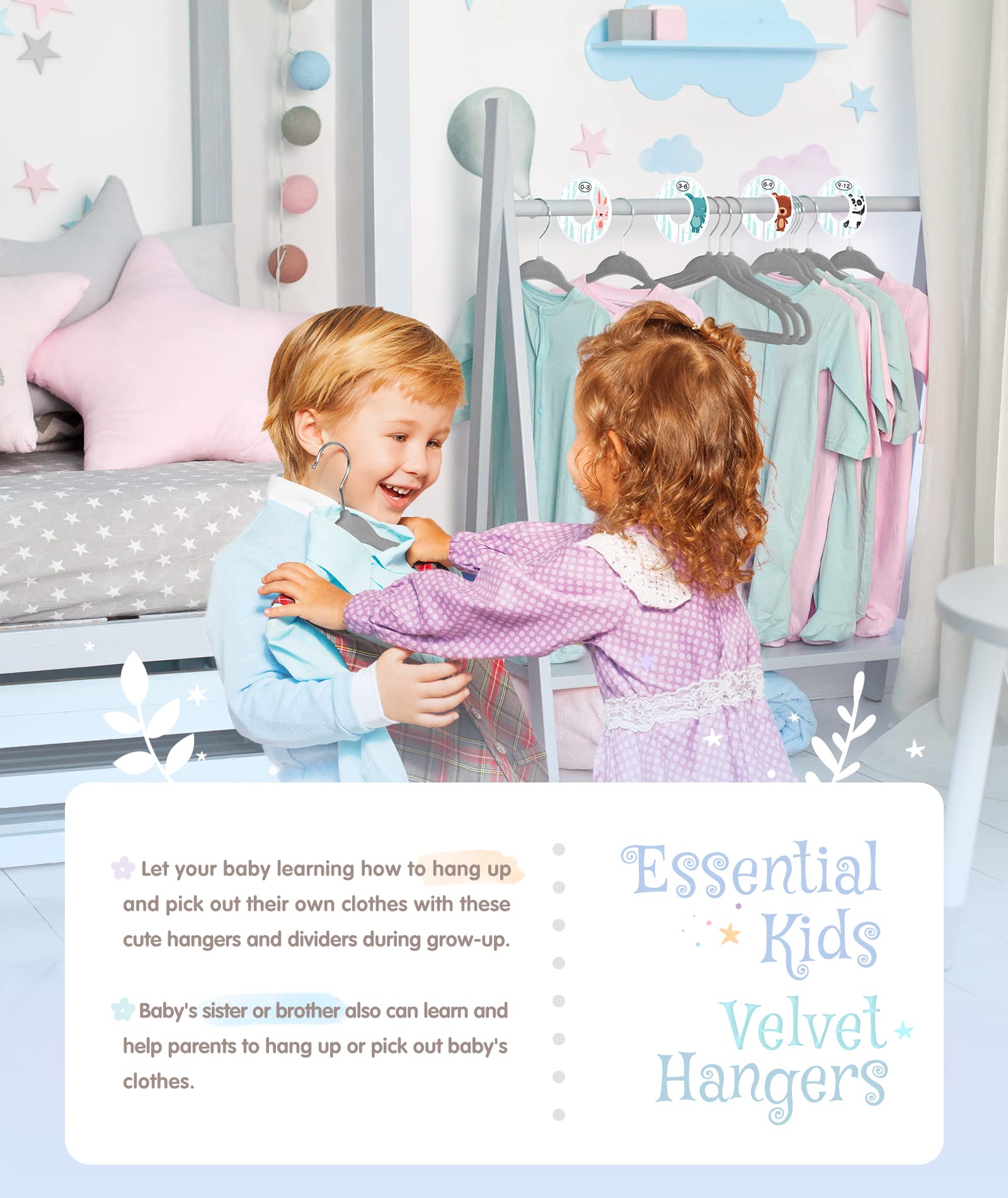 Baby Hangers, Vis'V 11 Inch Gray Velvet Kids Hangers With 6 Pcs Size Dividers Non Slip Nursery Children Closet Clothes Hangers F