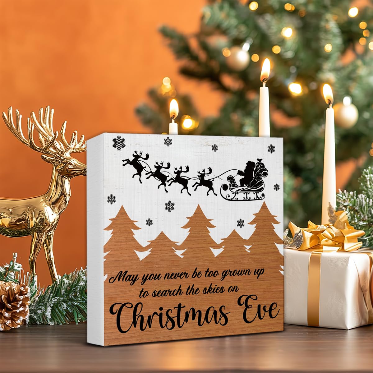 Farmhouse Wooden Sign: May You Never Be Too Grown Up to Search the Skies on Christmas Eve - Indoor Christmas Decor for Desk, Tab