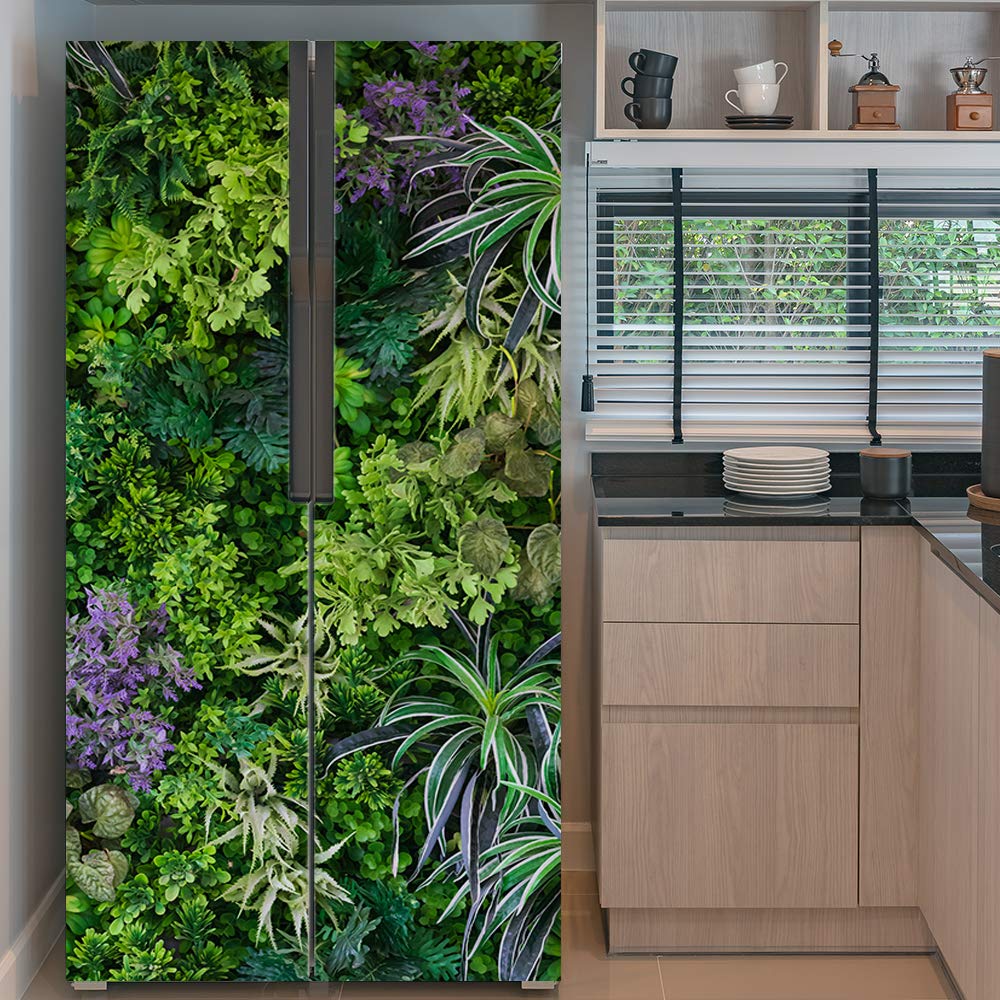 Nature Art Self Stick Vinyl Door Mural Sticker, Peel And Stick Removable Refrigerator Wrap Decal, Green Leaves, 32.3X78.7, 2 Pcs