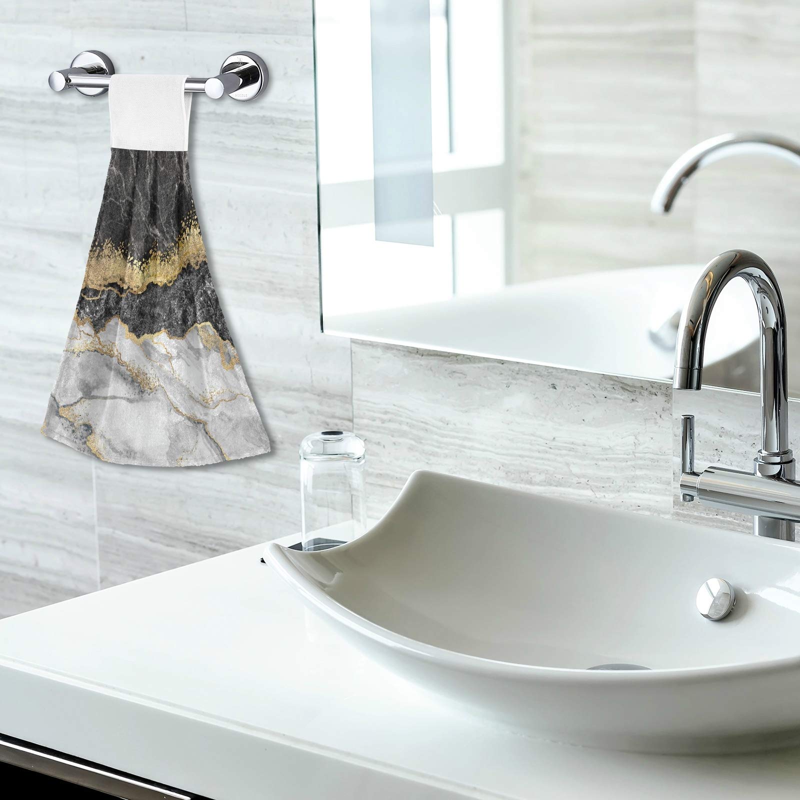 Selerdon Kitchen Hand Towel Black White Marble Gold Foil Hanging Tie Towels 2 Pieces Fast Dry Absorbent Soft Touch Hanging Kitchen Towels Used for Home Kitchen Bathroom Decoration