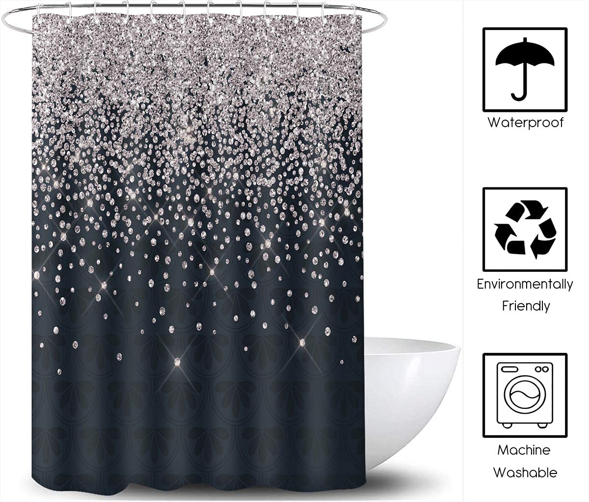 Tersum Silver Gray Bokeh Gorgeous (No Sparkles Or Glitter) Shower Curtain,Falling Snow Night Sky Stars Black Night 3D Printed Fa