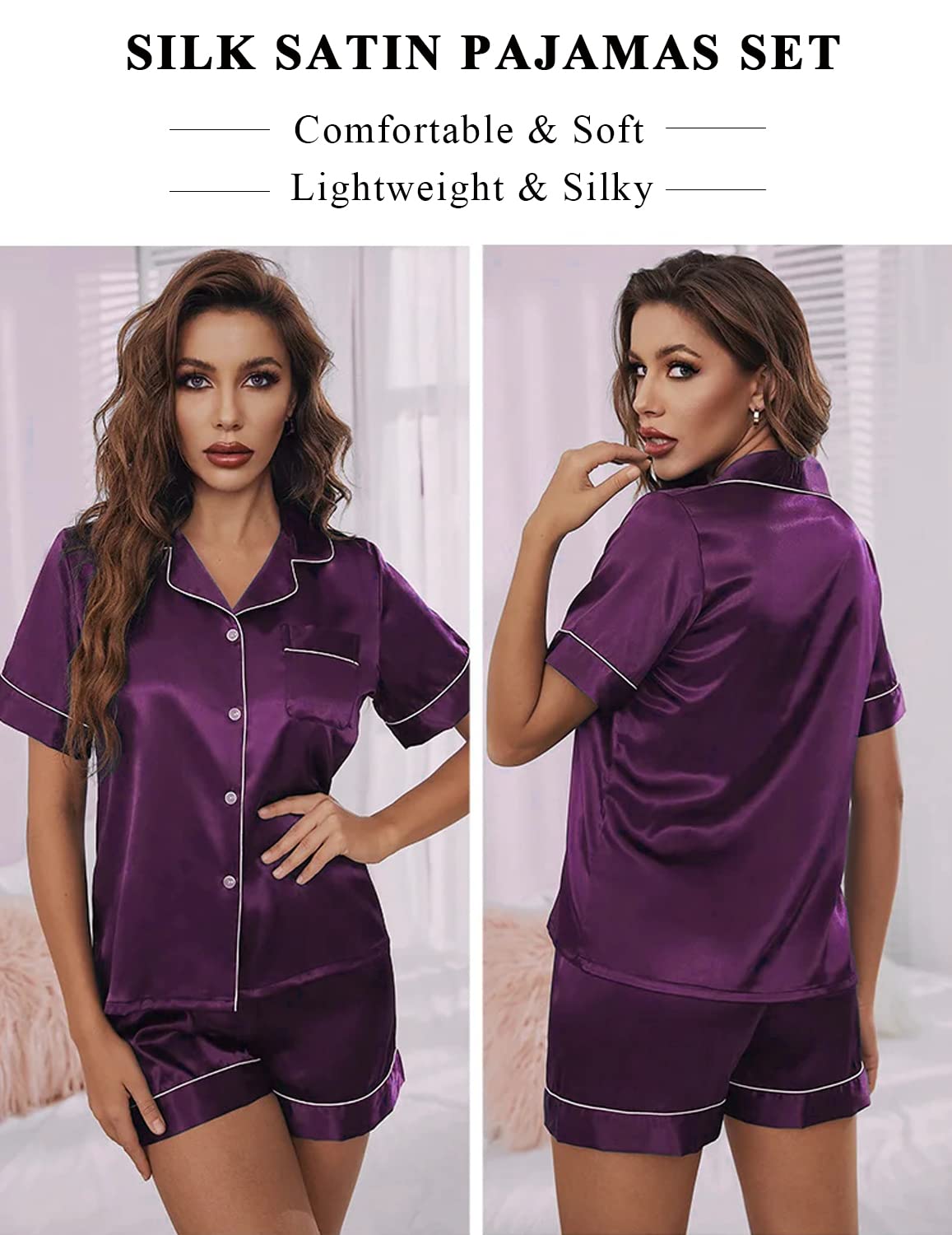 Anjue Silk Pajamas For Women Short Sleeve Satin Shorts Set Cute Pjs Sleep Sets Bride Pajamas Bridesmaid Pjs(Purple,L)