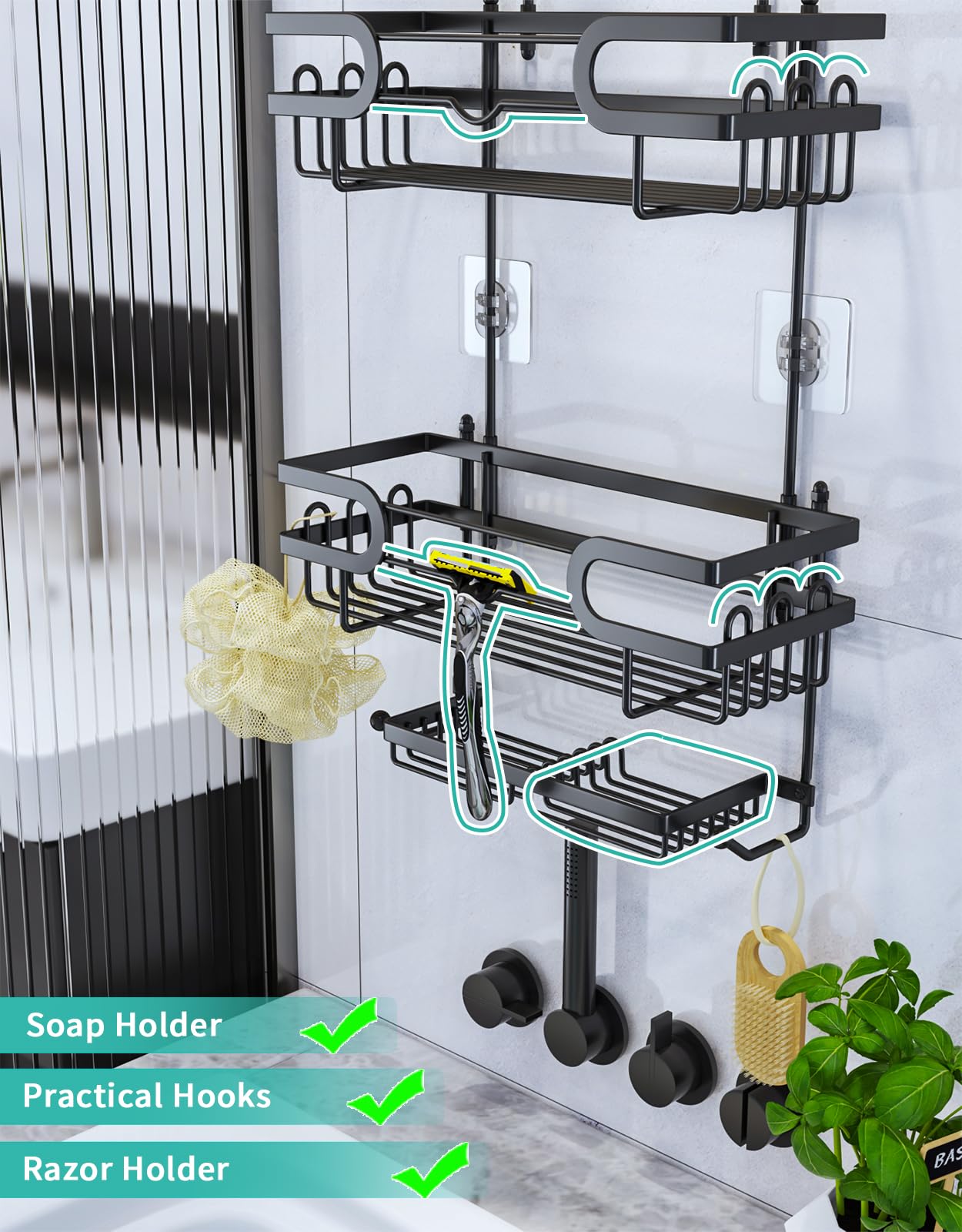 Hapirm Bathroom Hanging Shower Caddy - Rustproof & Waterproof Shower Shelf Over Shower Head With 12 Hooks And 2 Soap Holders, No