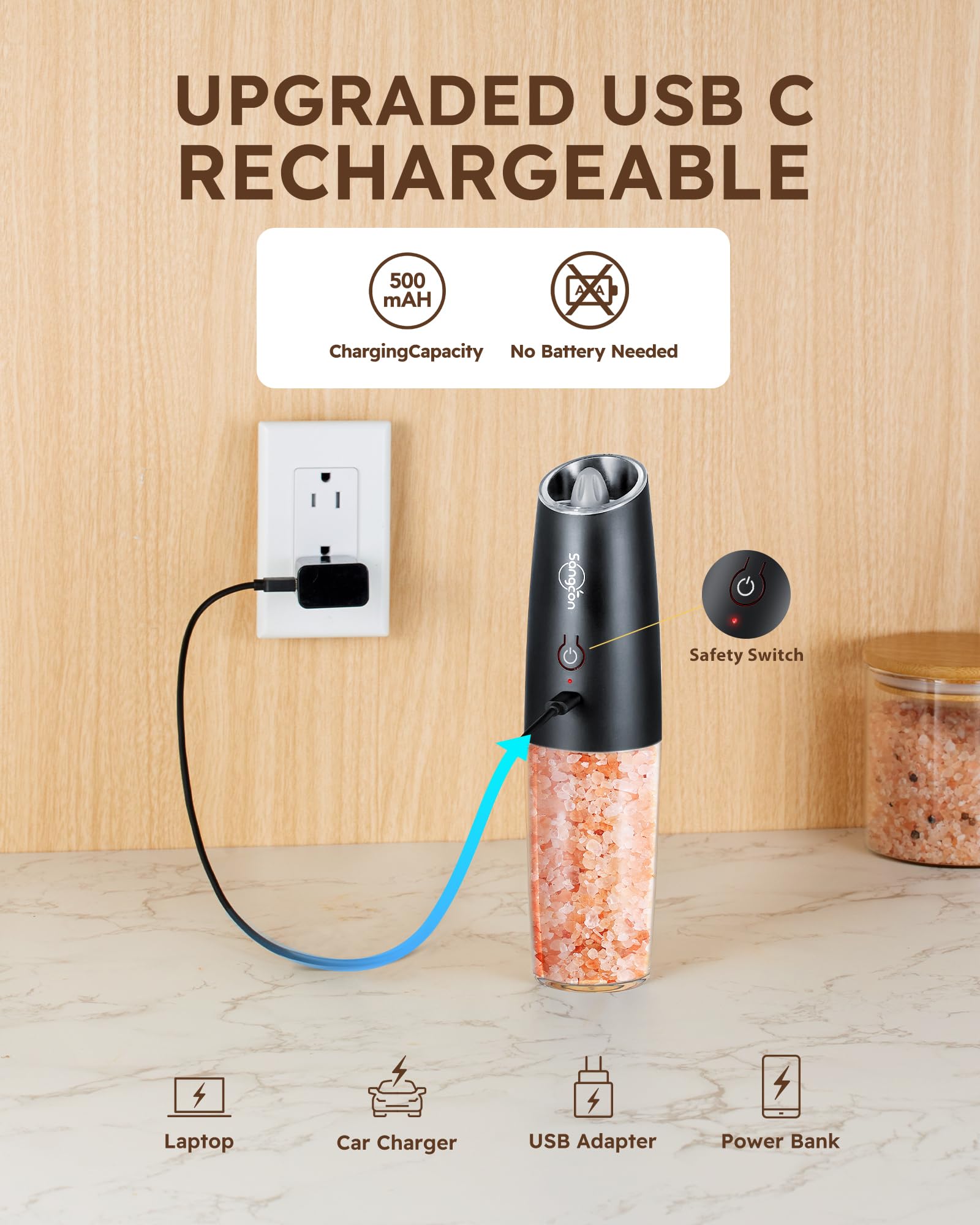 Sangcon Gravity Electric Salt And Pepper Grinder Set Shakers - Upgraded Rechargeable 9Oz Xl Capacity Usb-C No Battery Needed - L