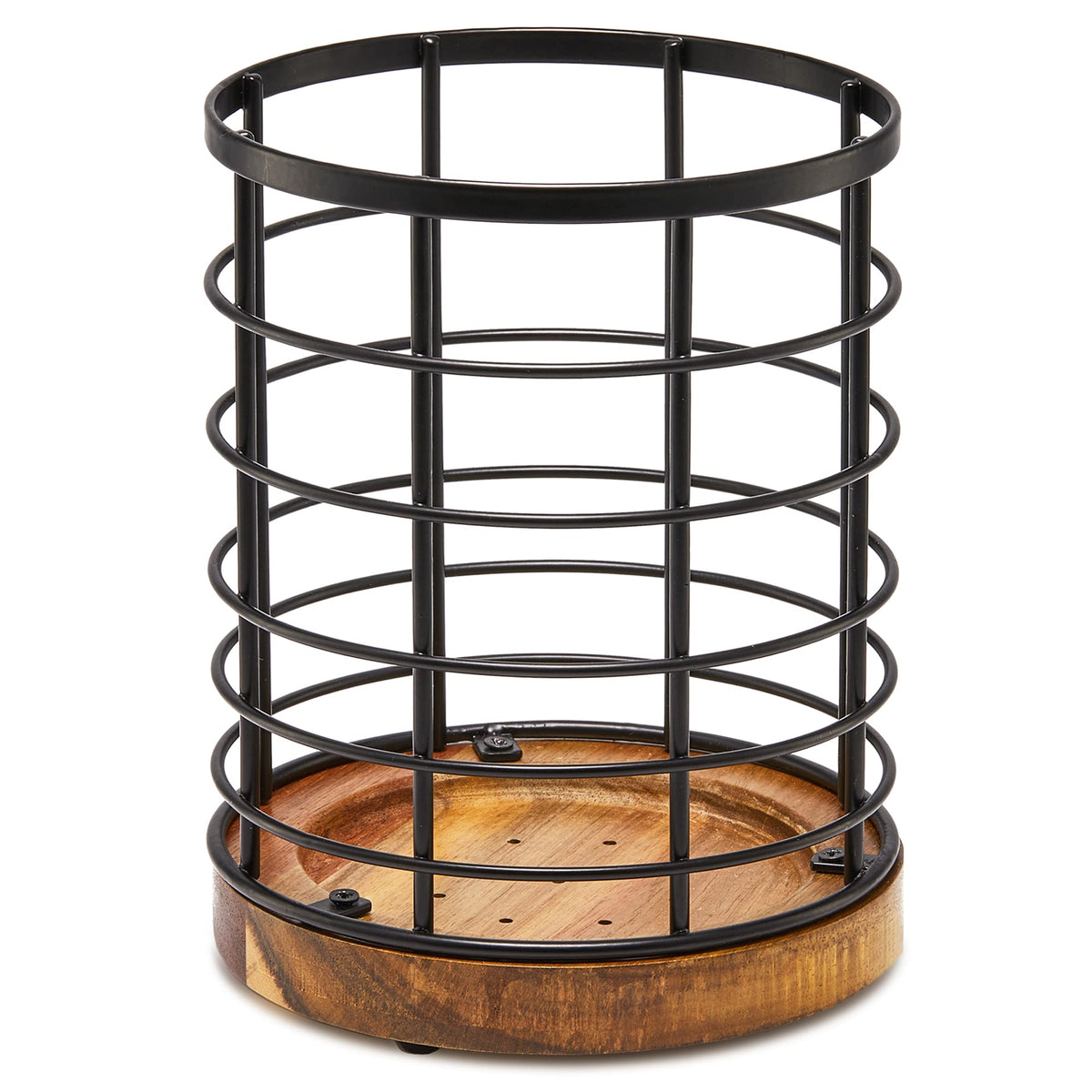 Wildmos Utensil Holder For Kitchen Counter,Black Wire With Wooden Base Countertop Utensil Holder, Large Wooden Cooking Utensil H