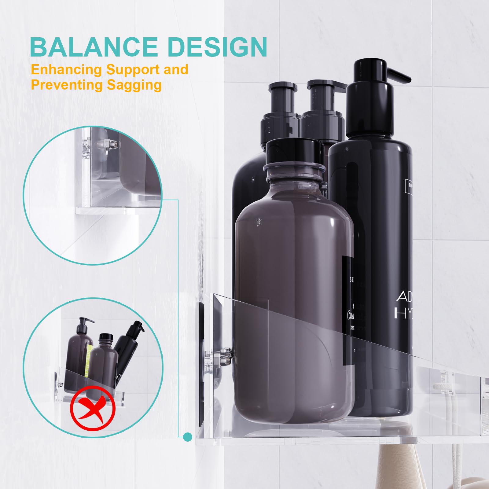 Bakzon Adhesive Shower Caddy, 5 Pack Acrylic Shower Shelves Bath Organizers With Large Capacity, No Drilling Shelves For Bathroo