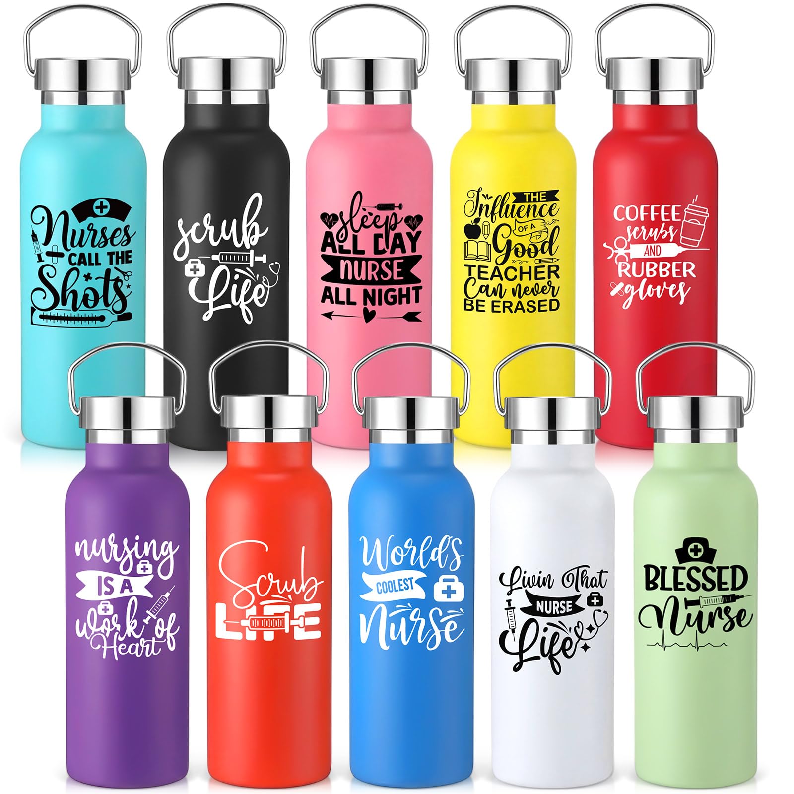 Teecyhooo 10 Pack Nurse Gifts Water Bottles 17 oz Insulated Stainless Steel Tumblers with Handle & Lid, Nurse Appreciation Gifts