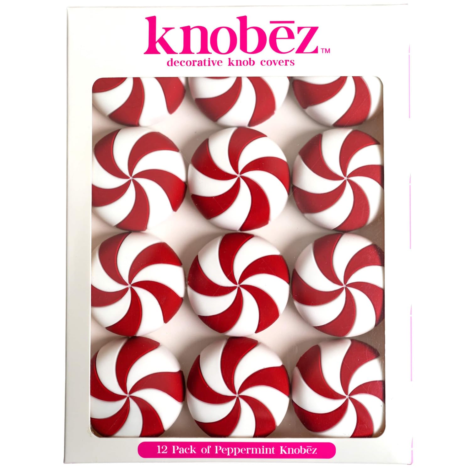 Knobez: Decorative Knob Covers - Red Peppermint - 12pk - Stretch Over Hardware Decorations, Holiday-Winter-Christmas, Kitchen-Ba