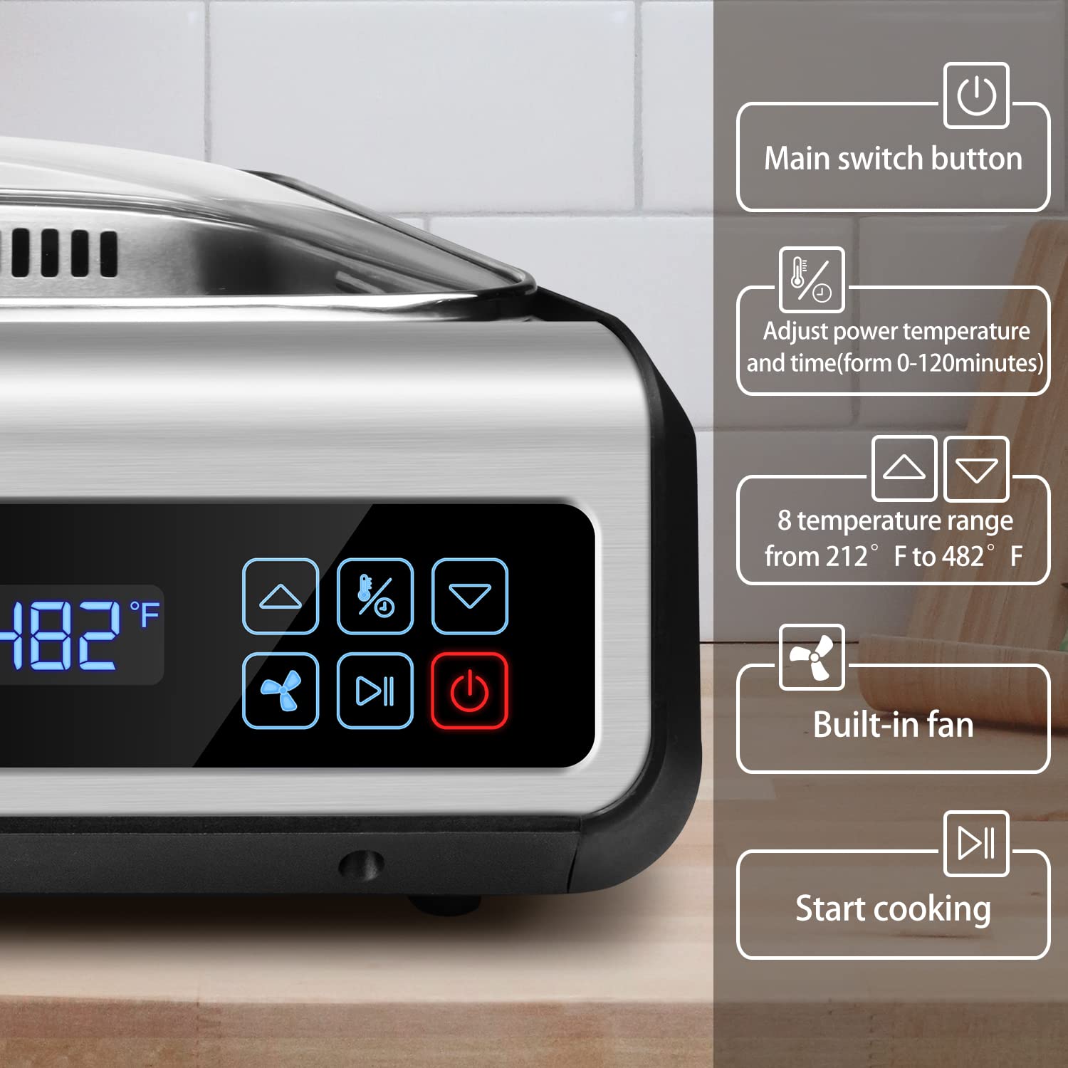 Indoor Smokeless Grill Techwood 1500W Electric Grill With Tempered Glass Lid & Led Smart Control Panel, 8-Level Control Korean B