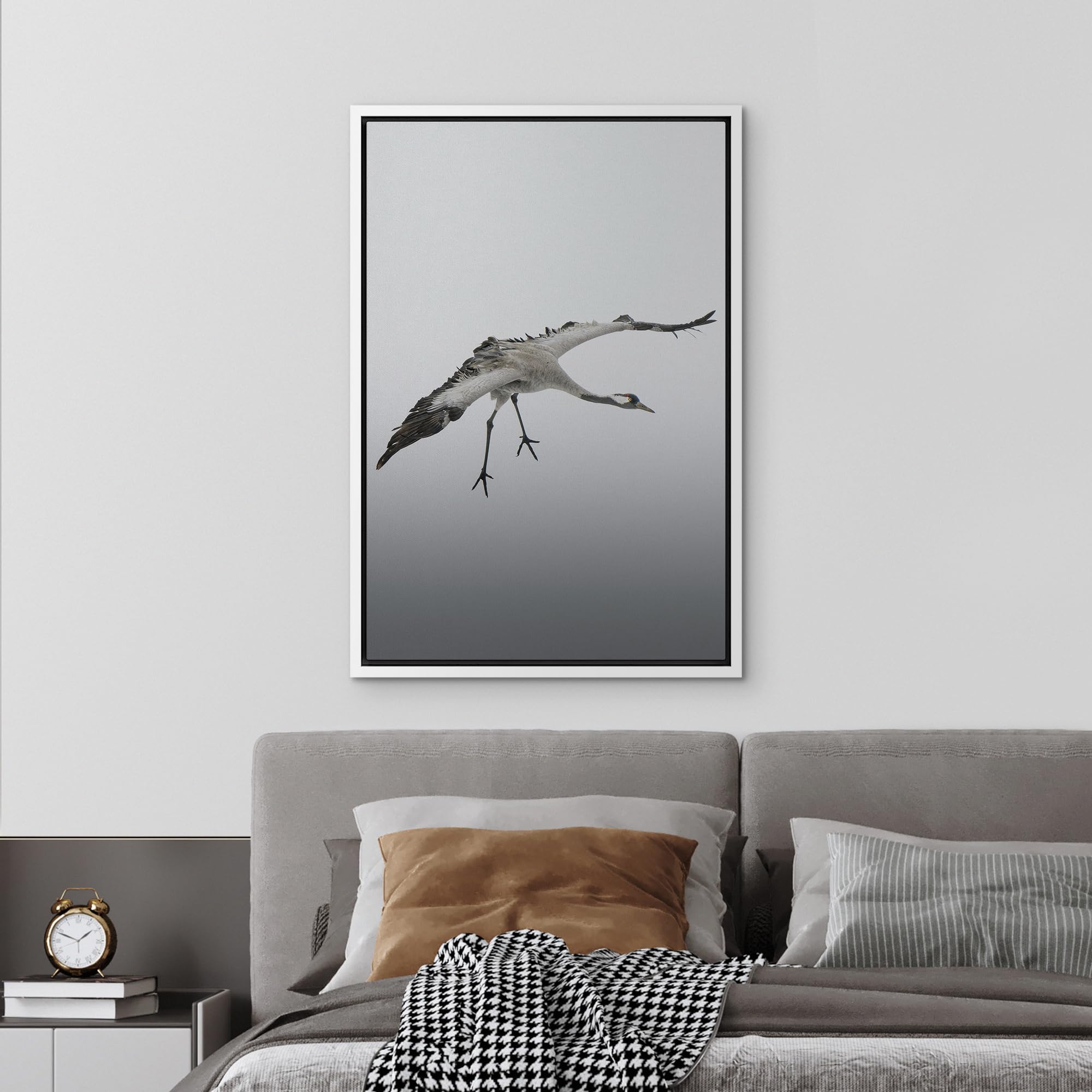 Wall26 Framed Canvas Print Wall Art Graceful Crane In Flight Against A Gray Sky Animals Photography Realism Rustic Scenic Landsc