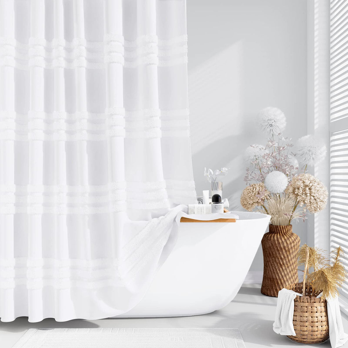 Dynamene Stall Fabric Shower Curtain, 60X72 Inch Narrow Tufted Chenille Striped Cloth Shower Curtain Set With 10 Hooks, Minimali