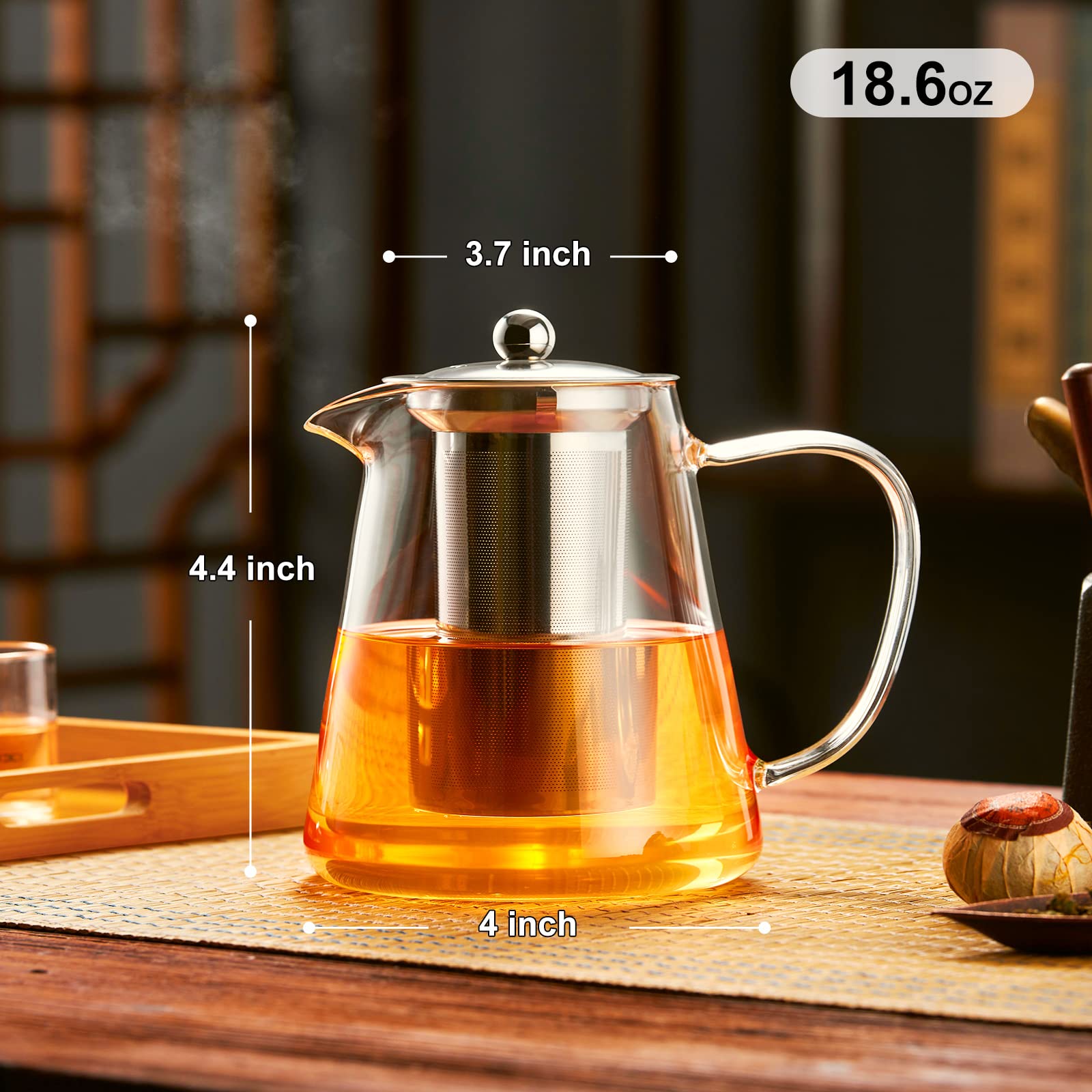 PARACITY Glass Teapot 18.6 OZ Borosilicate Kettle with Stainless Steel Infuser - 550ML Transparent Tea Maker for Camping & Travel