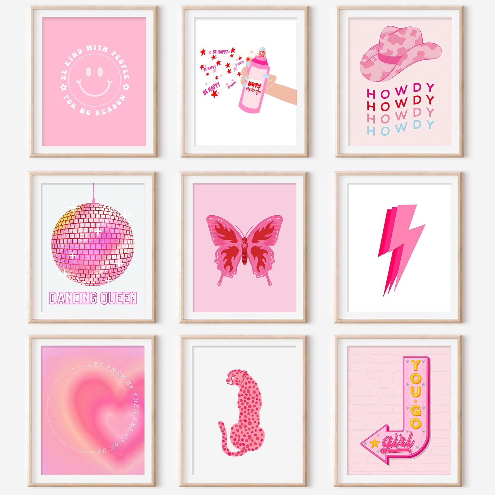 Gensteuo 9Pcs Pink Preppy Room Decor Aesthetic, Hot Pink Wall Art, Preppy Posters Paintings, Cute Pictures For Bedroom Dorm, Pre